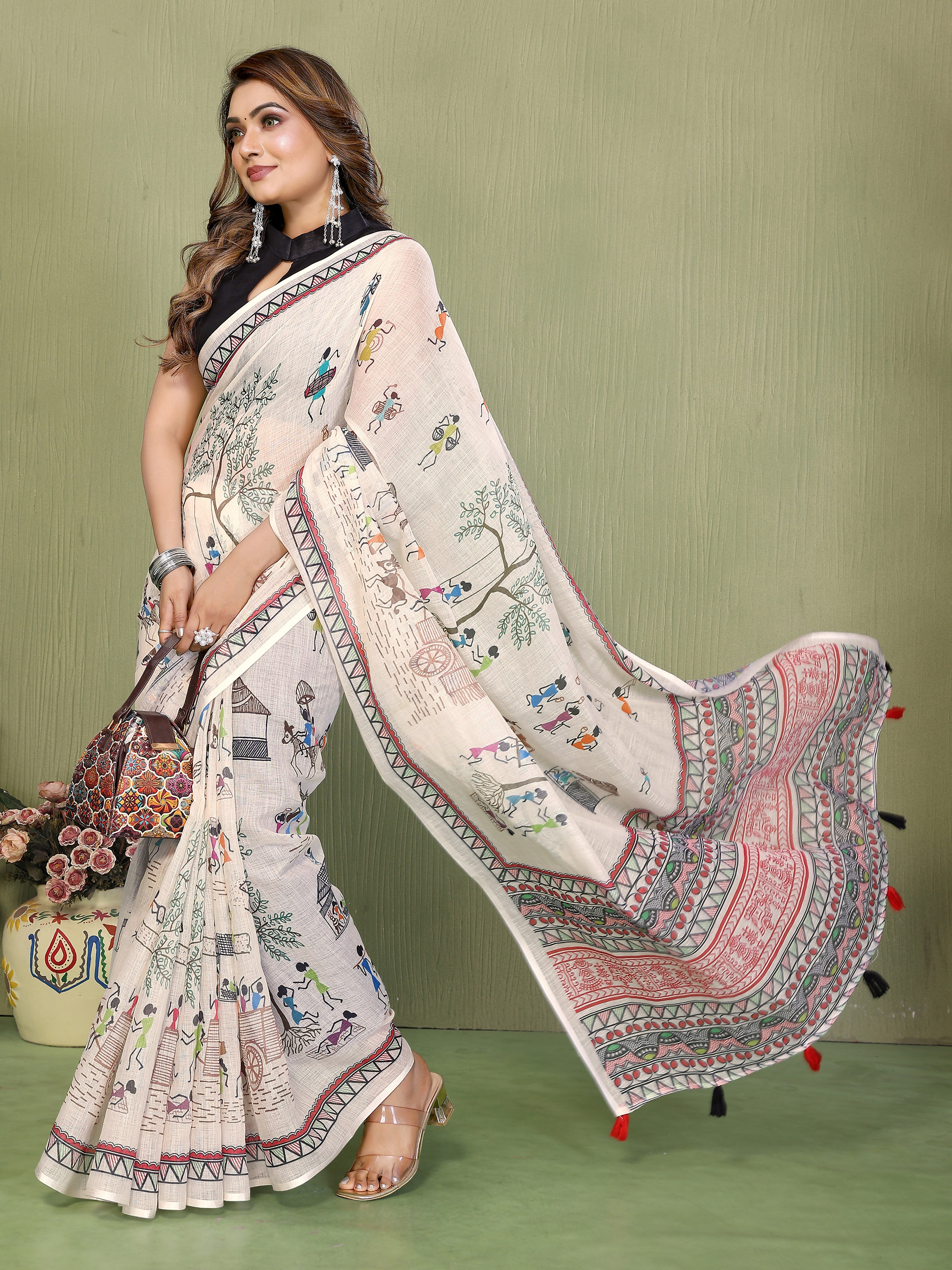 Women Soft Linen Cotton Tribal Village Digital Print Saree with Designer Ethnic Border