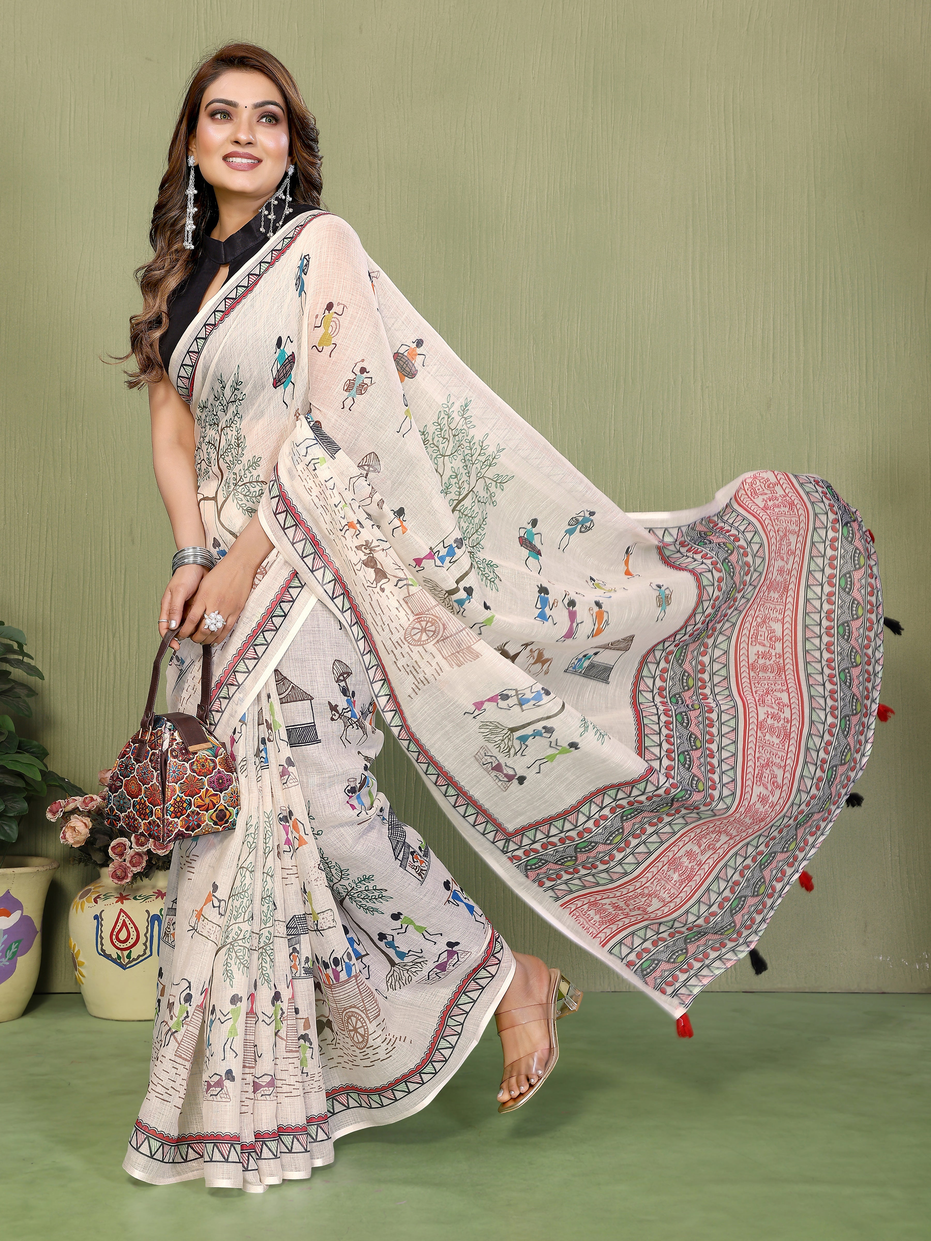 Women Soft Linen Cotton Tribal Village Digital Print Saree with Designer Ethnic Border
