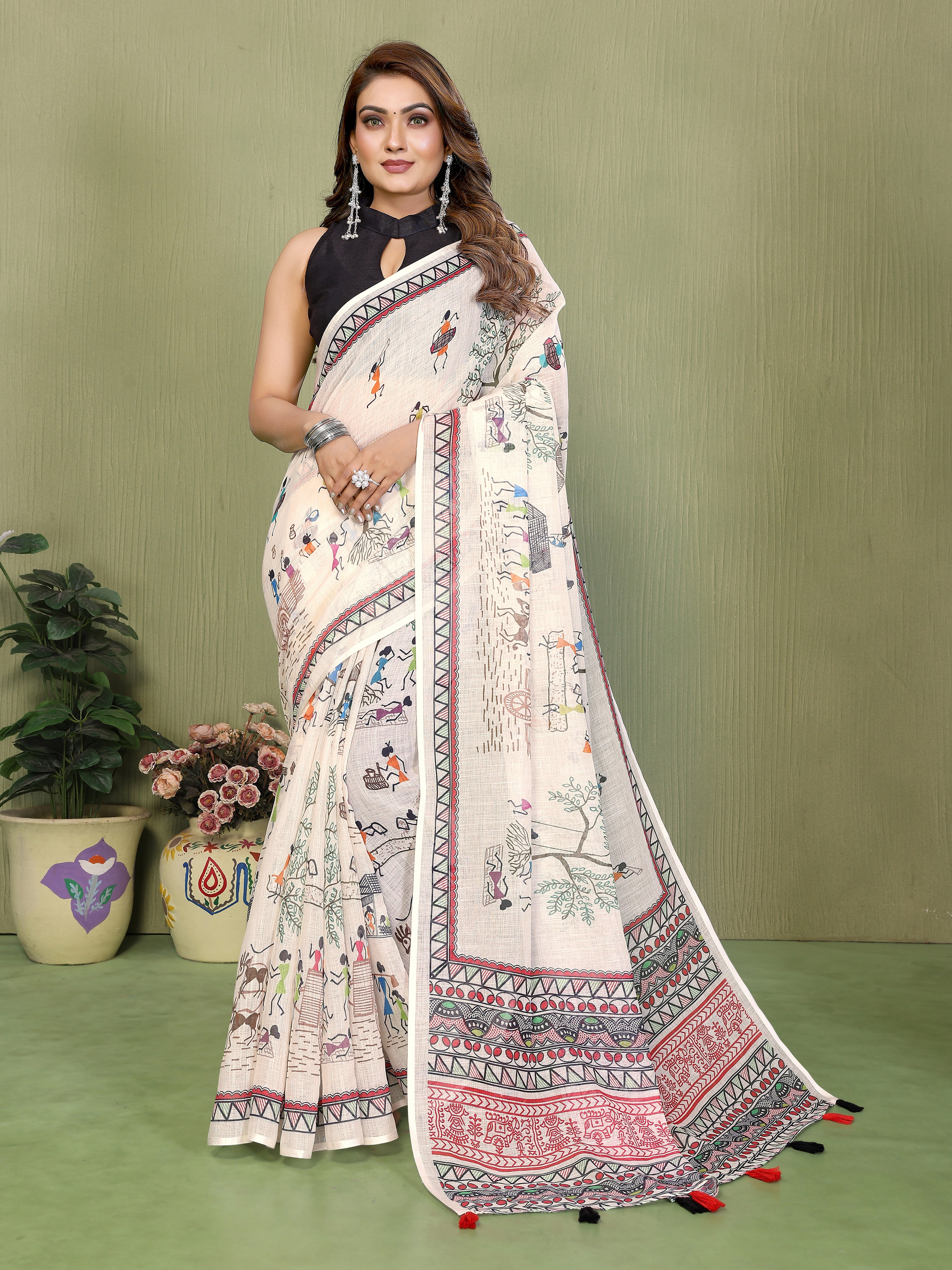 Women Soft Linen Cotton Tribal Village Digital Print Saree with Designer Ethnic Border
