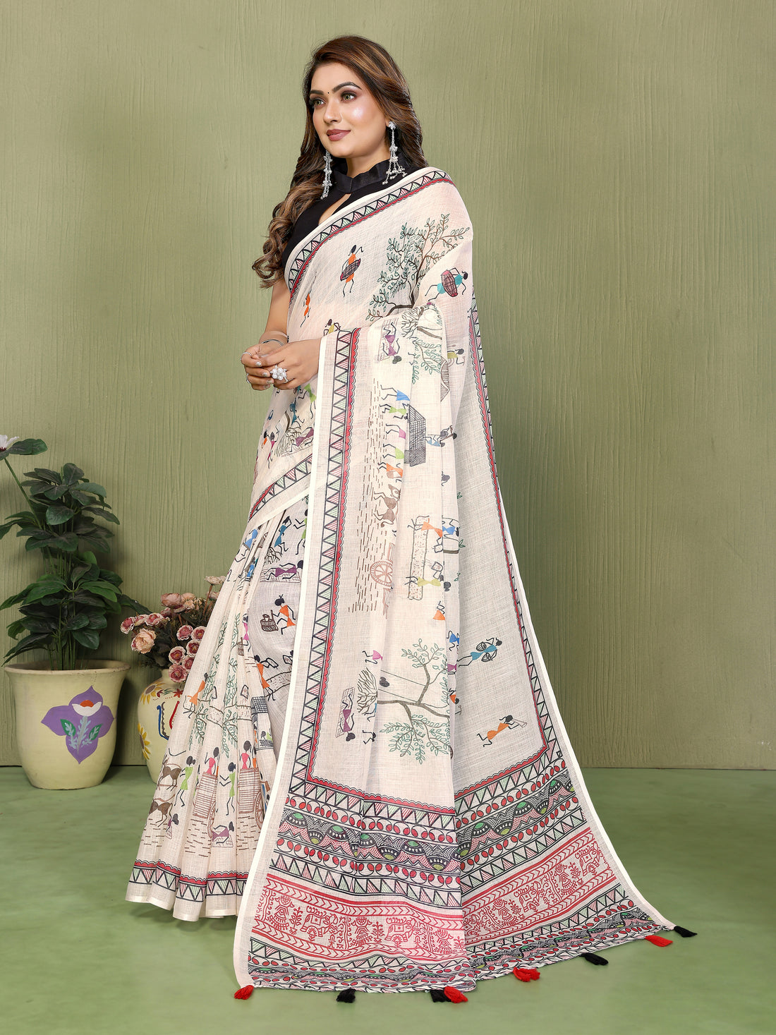 Women Soft Linen Cotton Tribal Village Digital Print Saree with Designer Ethnic Border