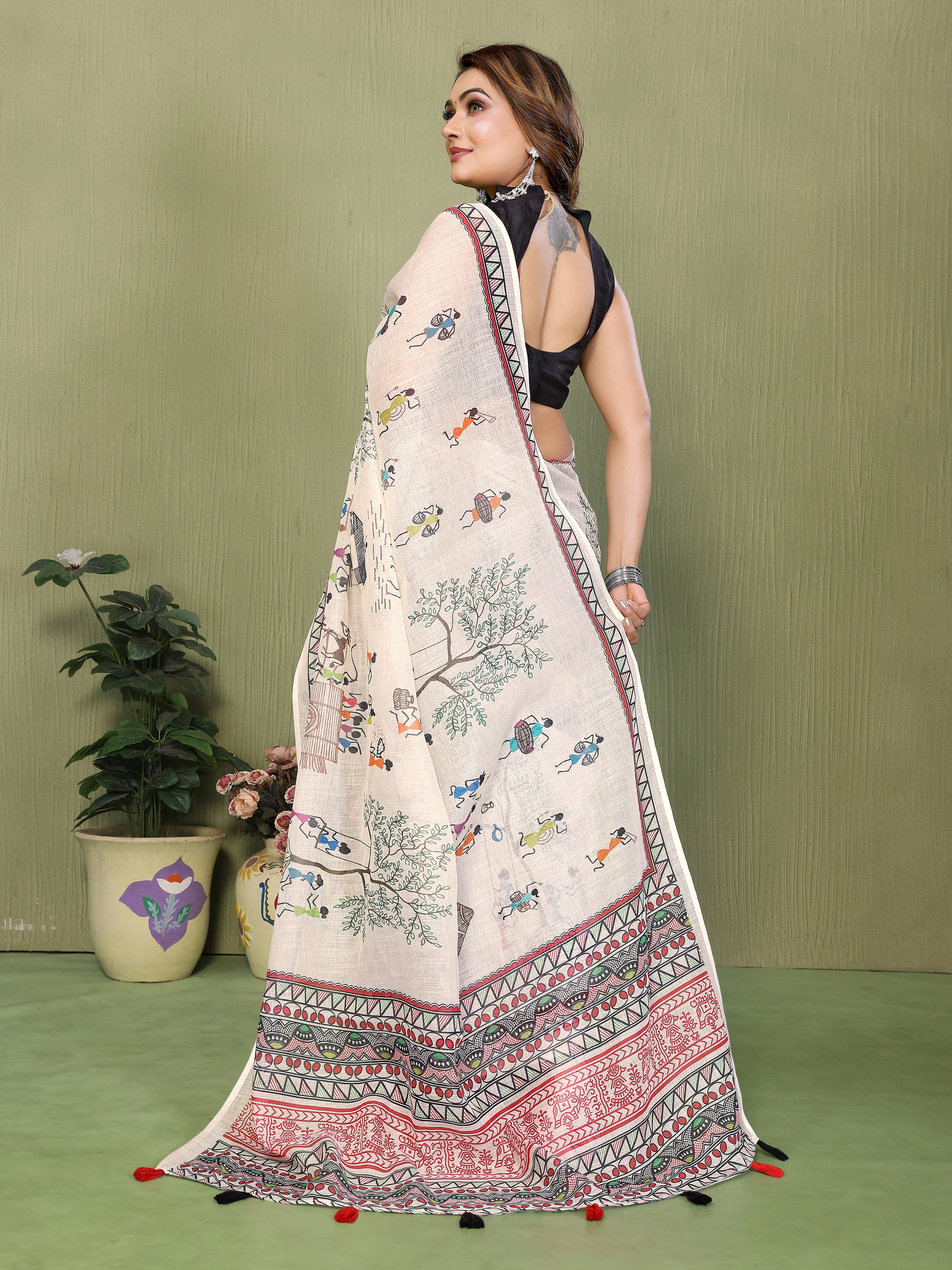 Women Soft Linen Cotton Tribal Village Digital Print Saree with Designer Ethnic Border