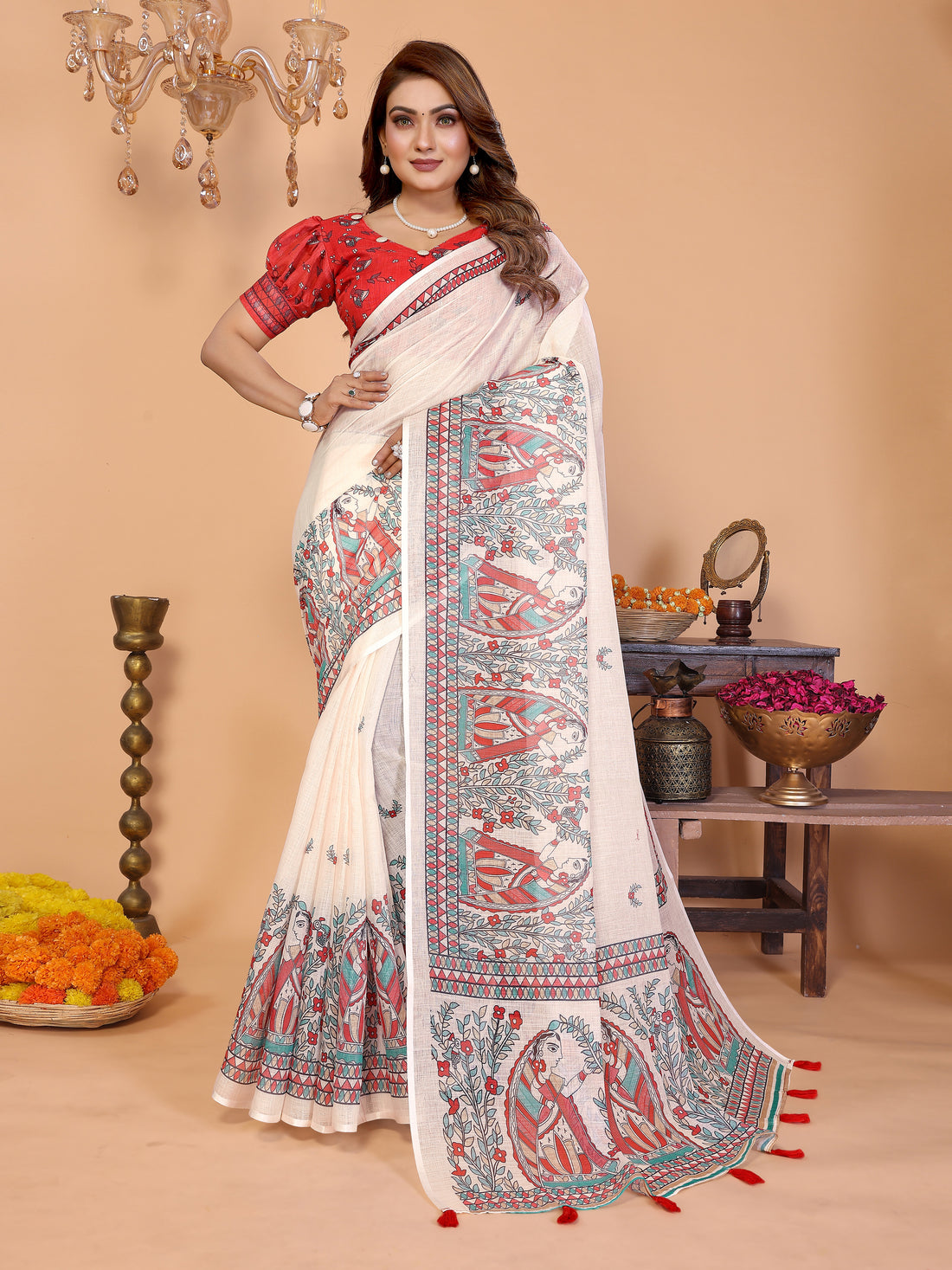 Women Soft Linen Cotton Madhubani Digital Print Saree with Designer Border