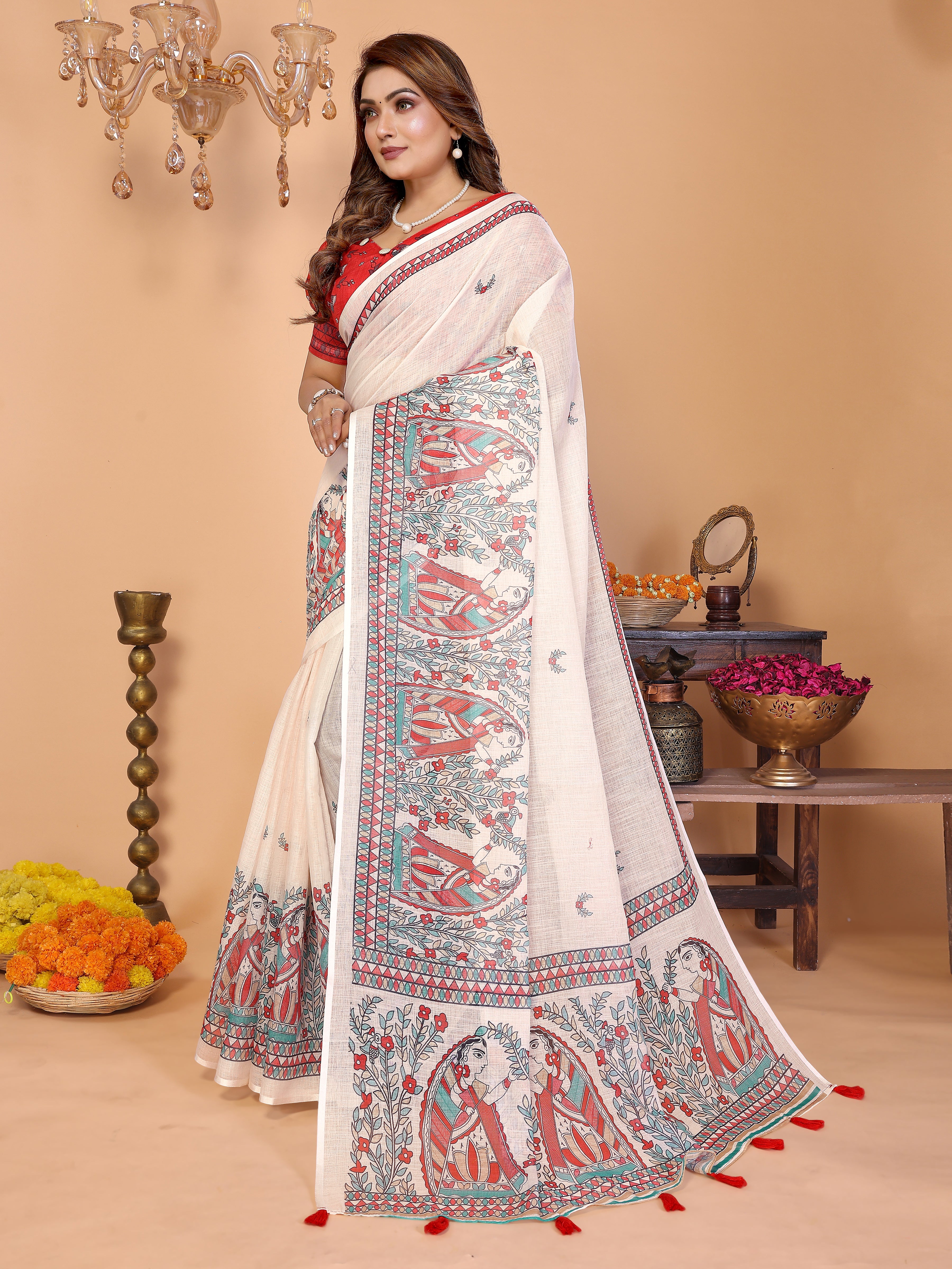 Women Soft Linen Cotton Madhubani Digital Print Saree with Designer Border
