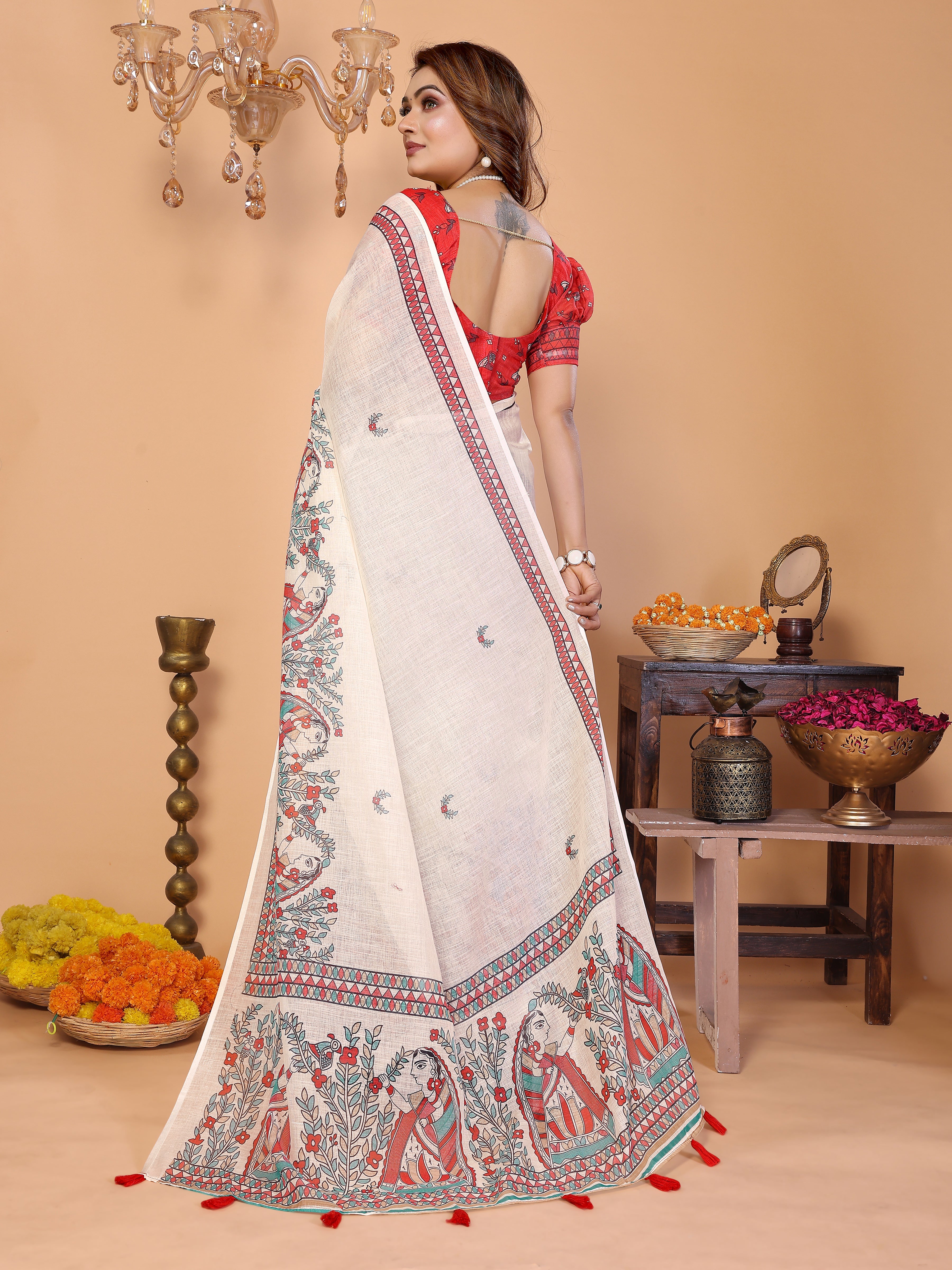 Women Soft Linen Cotton Madhubani Digital Print Saree with Designer Border