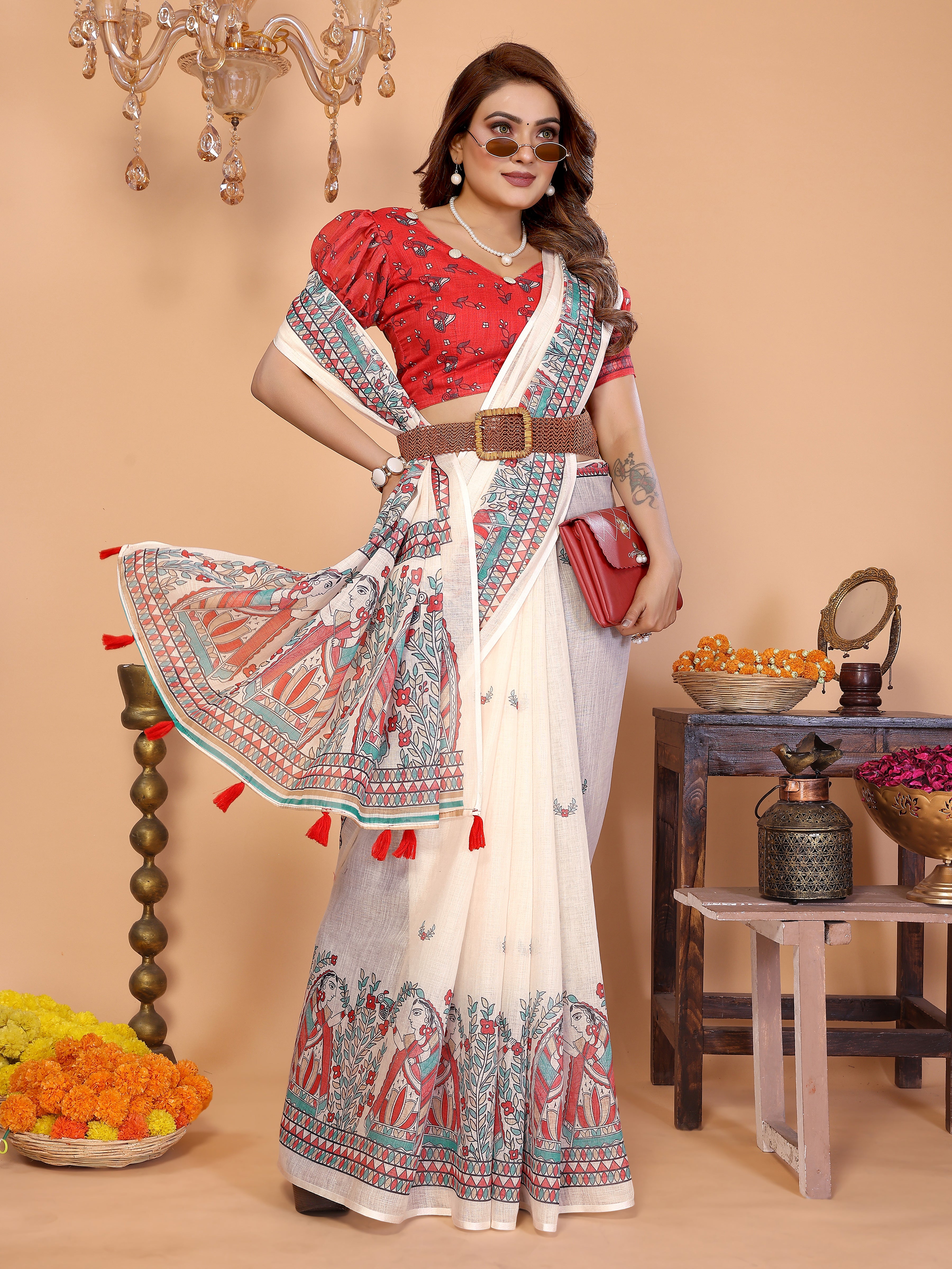 Women Soft Linen Cotton Madhubani Digital Print Saree with Designer Border