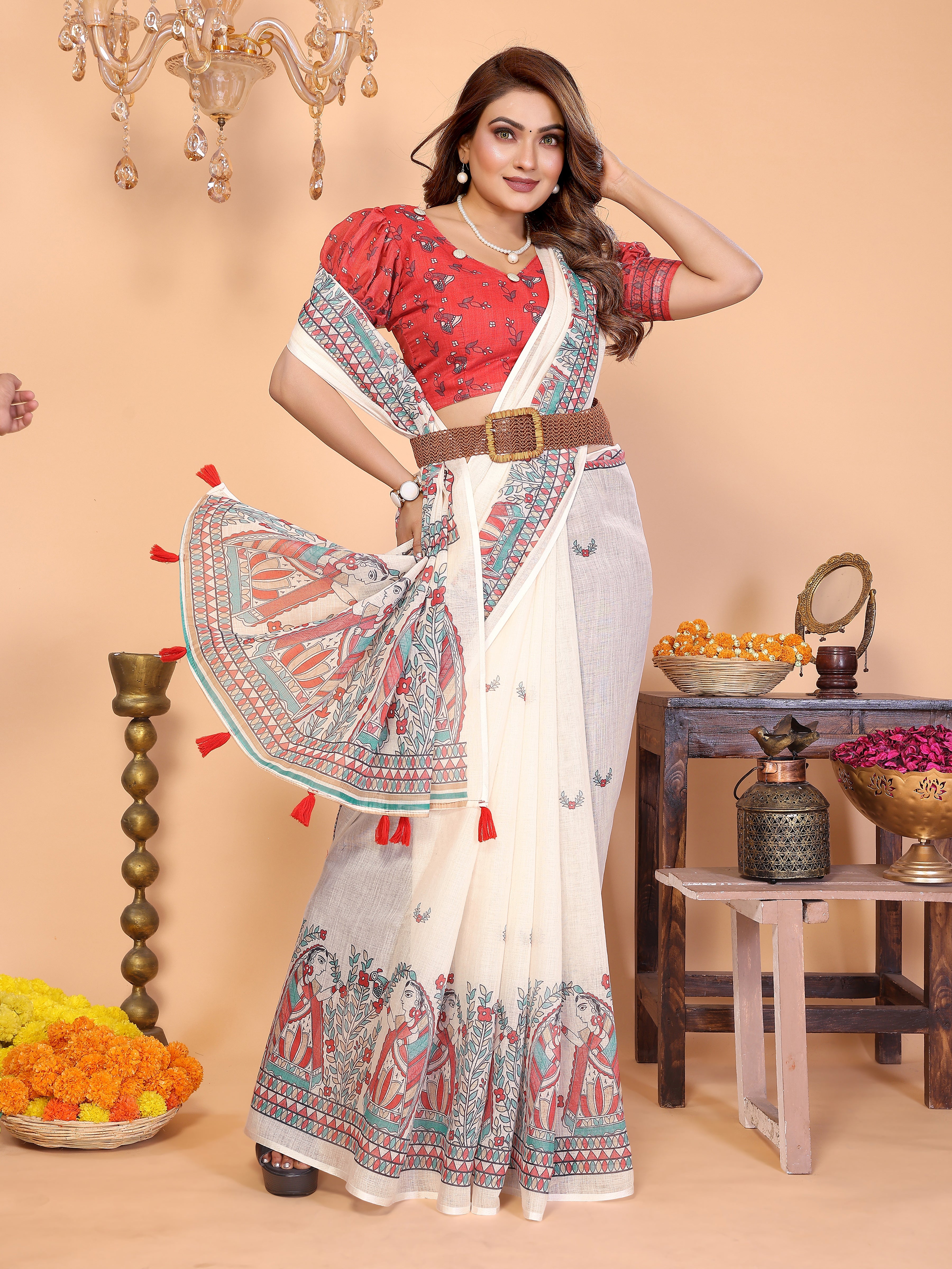 Women Soft Linen Cotton Madhubani Digital Print Saree with Designer Border