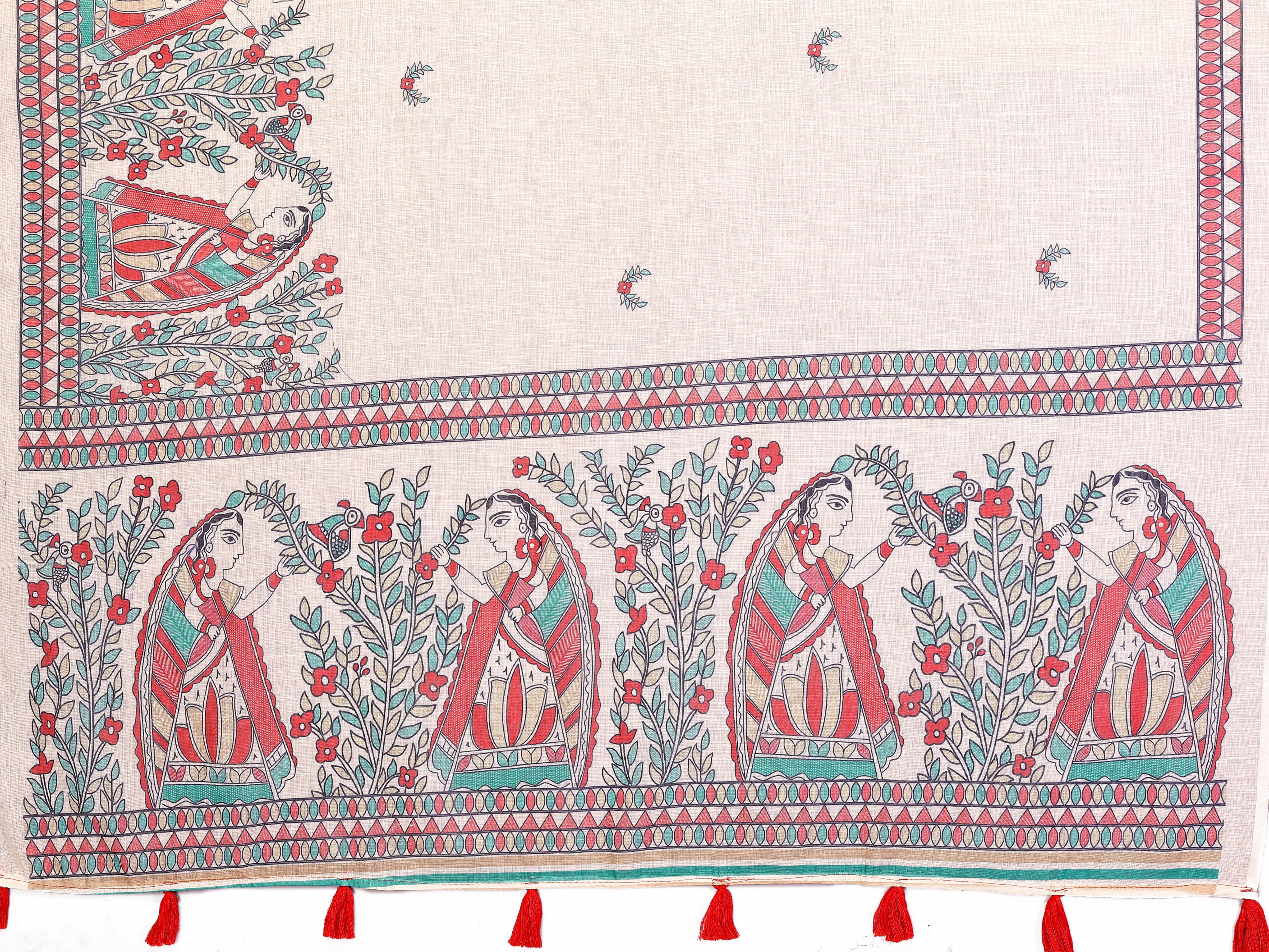 Women Soft Linen Cotton Madhubani Digital Print Saree with Designer Border