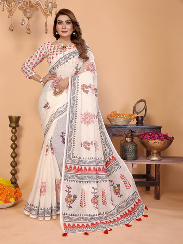 Women Soft Linen Cotton Tribal Folk Digital Print Saree with Designer Border