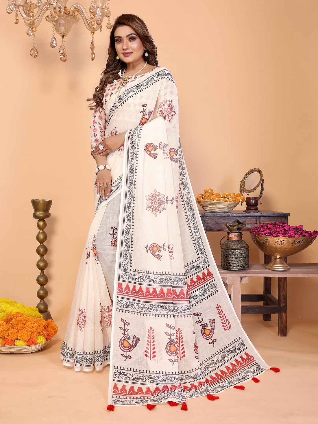 Women Soft Linen Cotton Tribal Folk Digital Print Saree with Designer Border