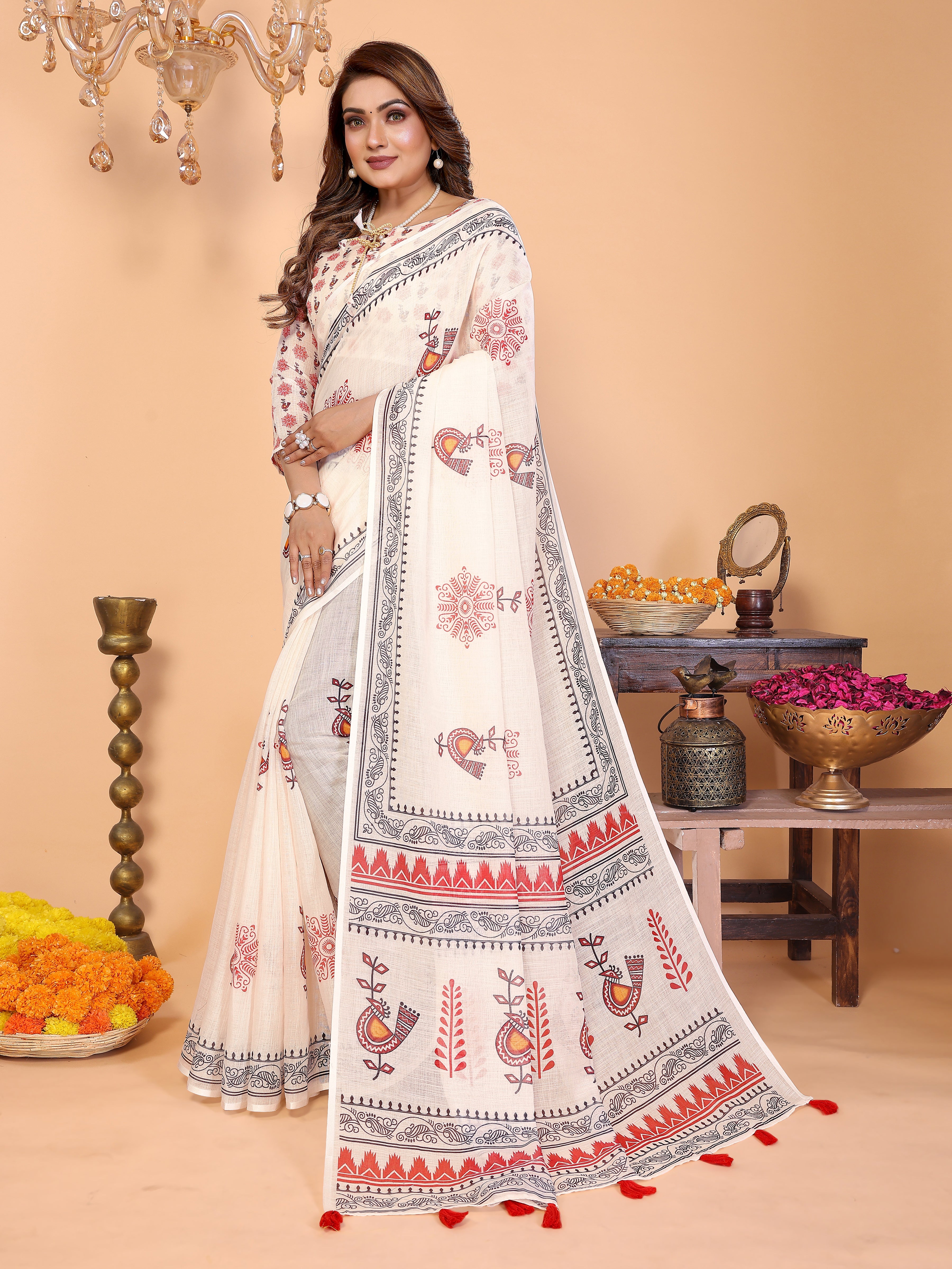 Women Soft Linen Cotton Tribal Folk Digital Print Saree with Designer Border