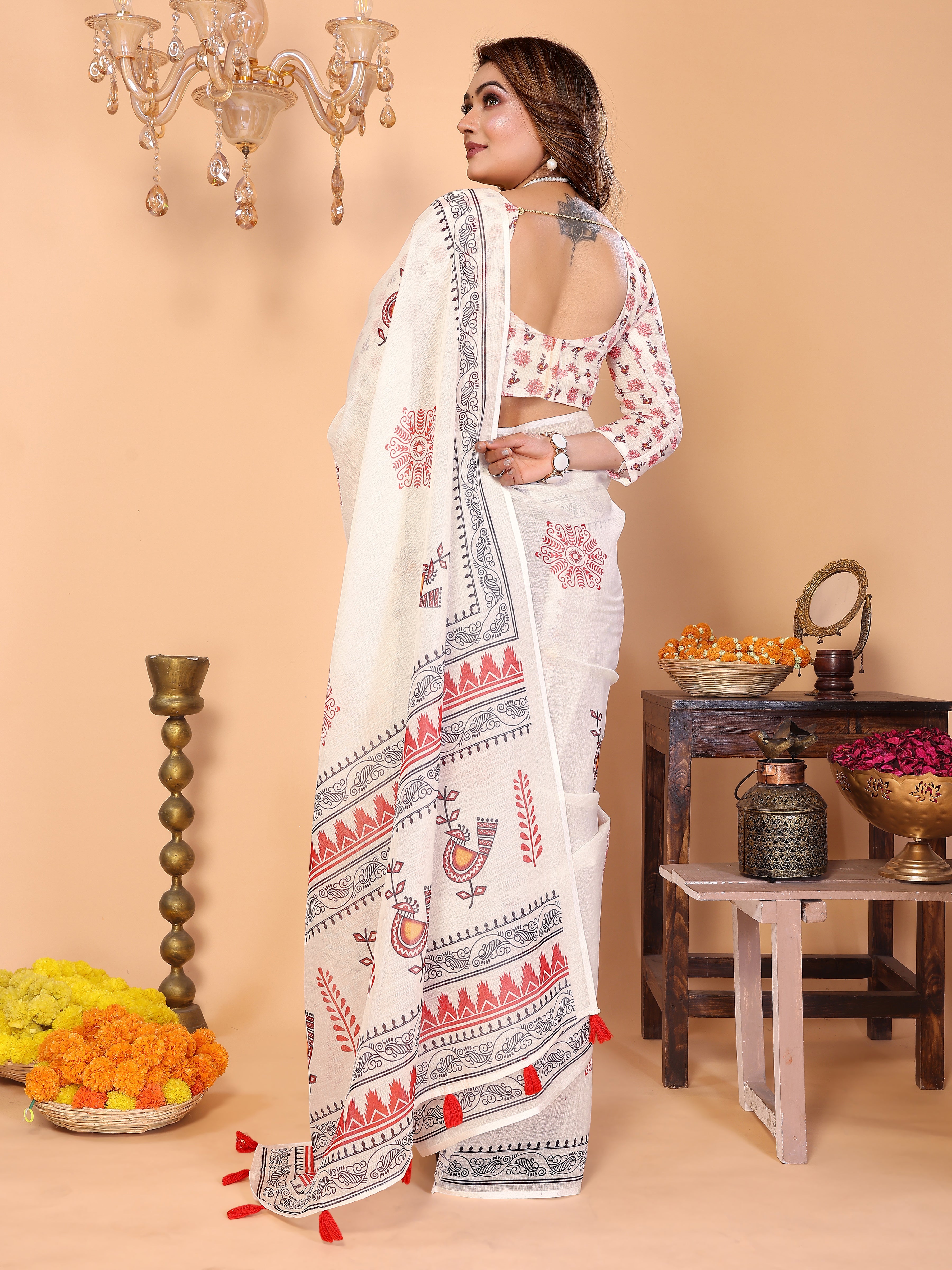 Women Soft Linen Cotton Tribal Folk Digital Print Saree with Designer Border
