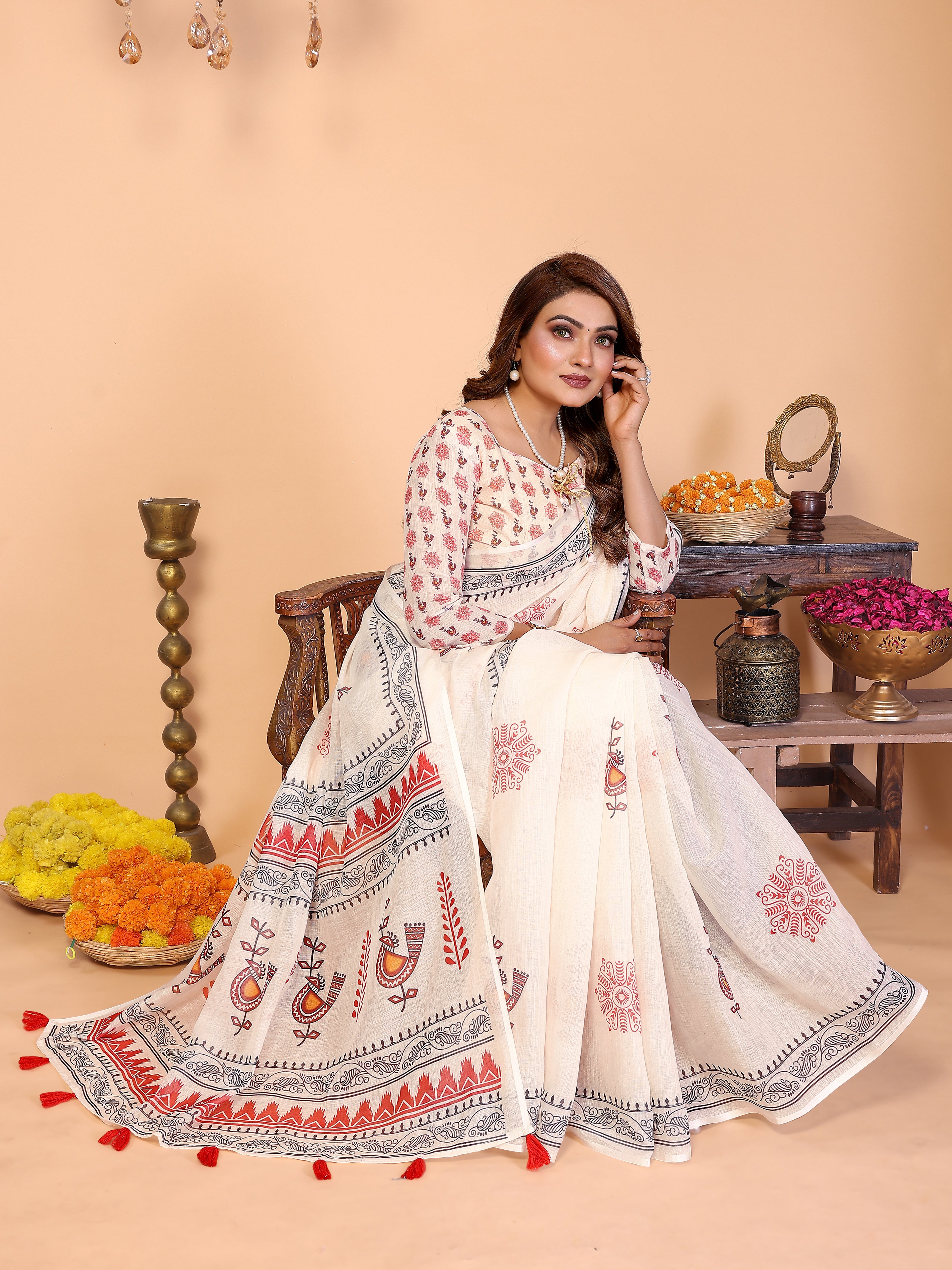 Women Soft Linen Cotton Tribal Folk Digital Print Saree with Designer Border