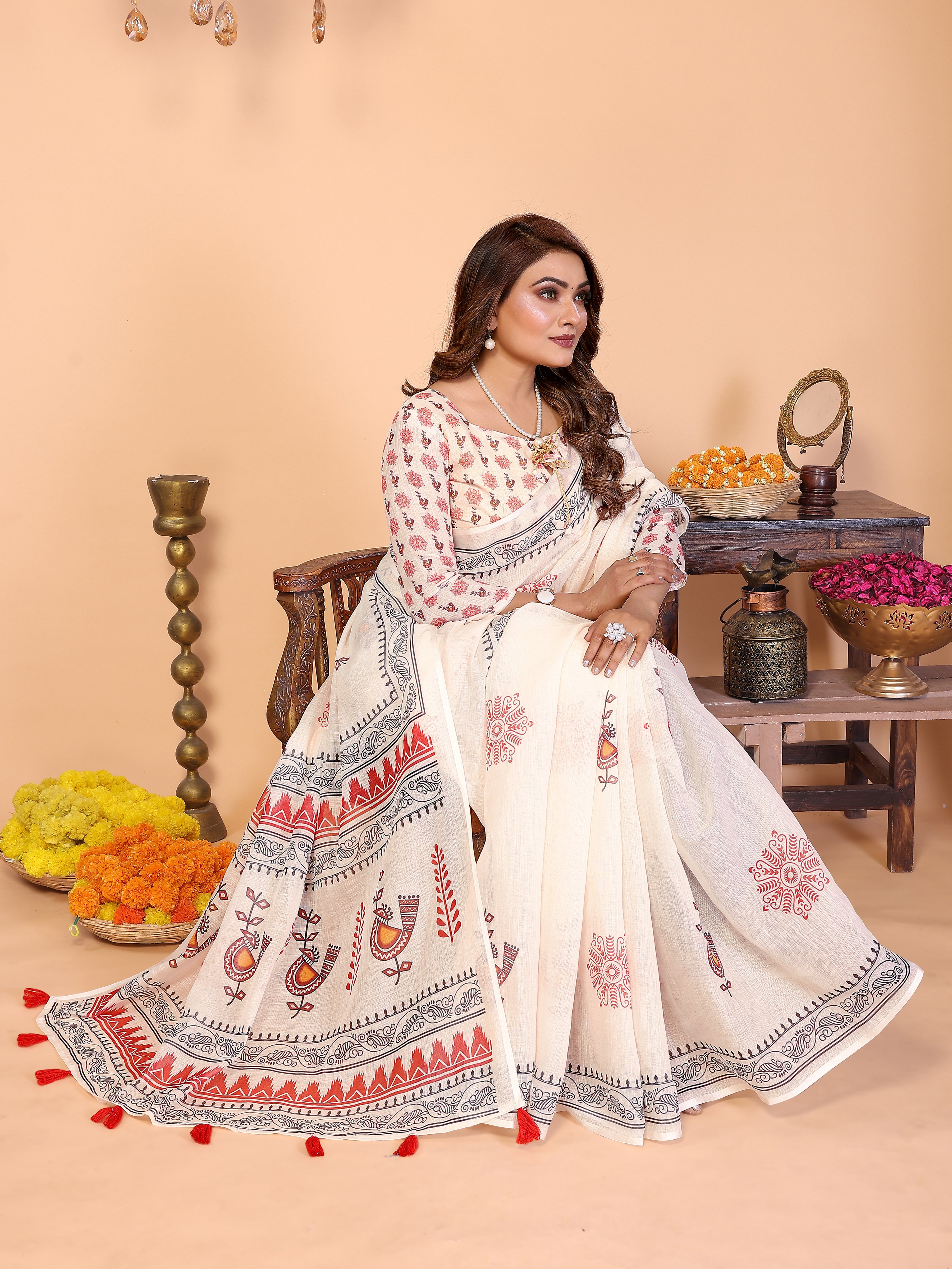 Women Soft Linen Cotton Tribal Folk Digital Print Saree with Designer Border