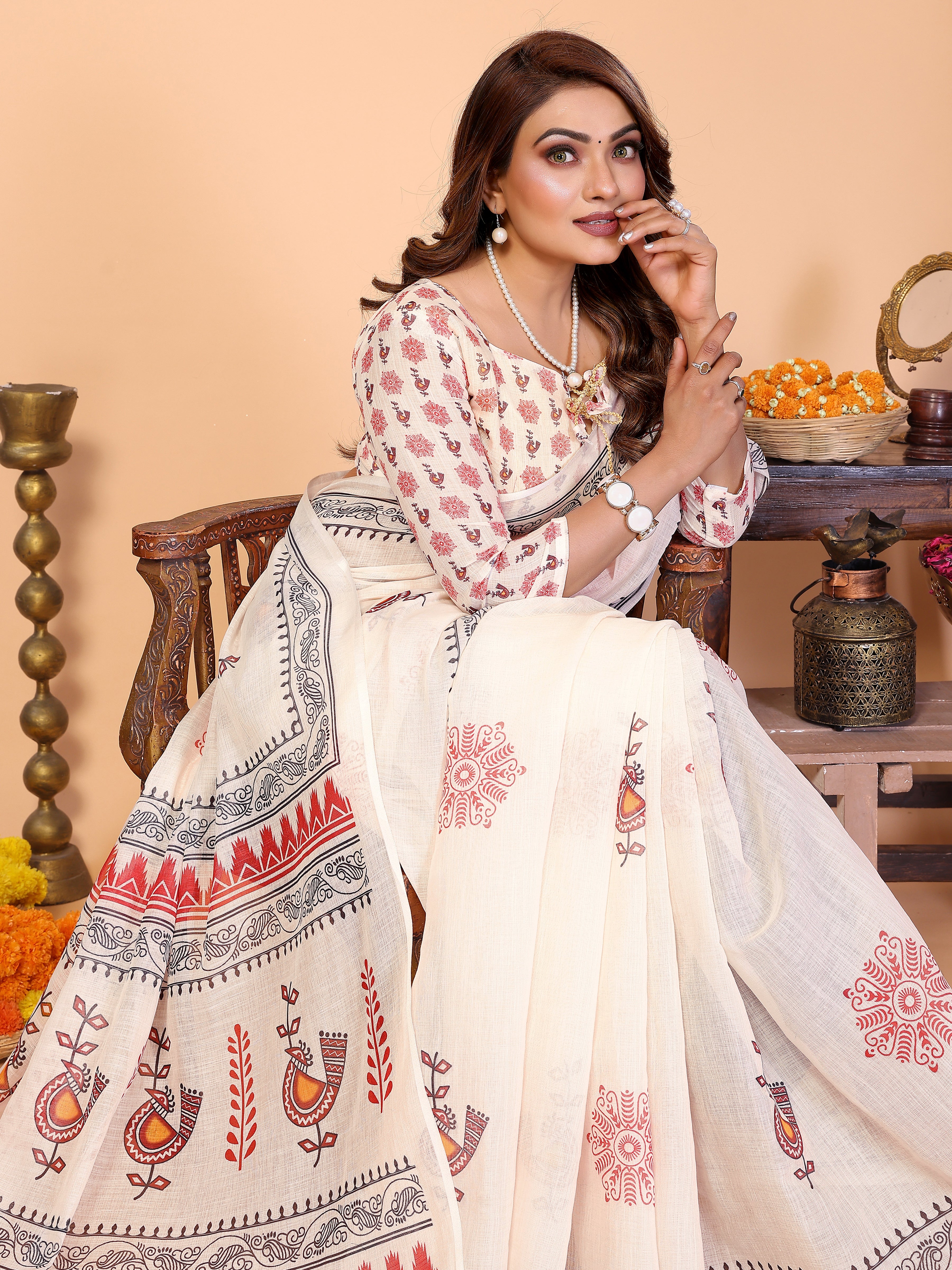 Women Soft Linen Cotton Tribal Folk Digital Print Saree with Designer Border