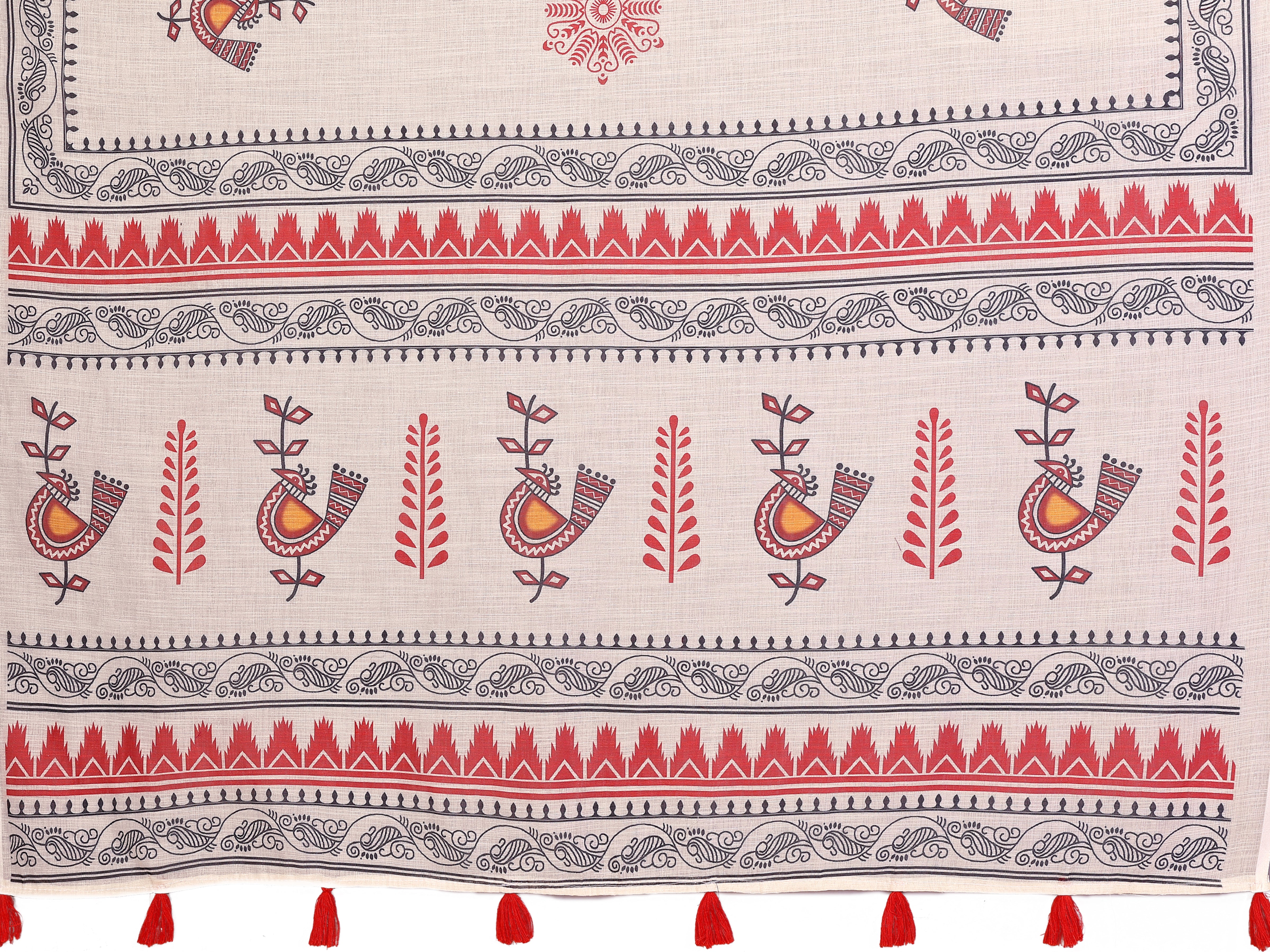 Women Soft Linen Cotton Tribal Folk Digital Print Saree with Designer Border