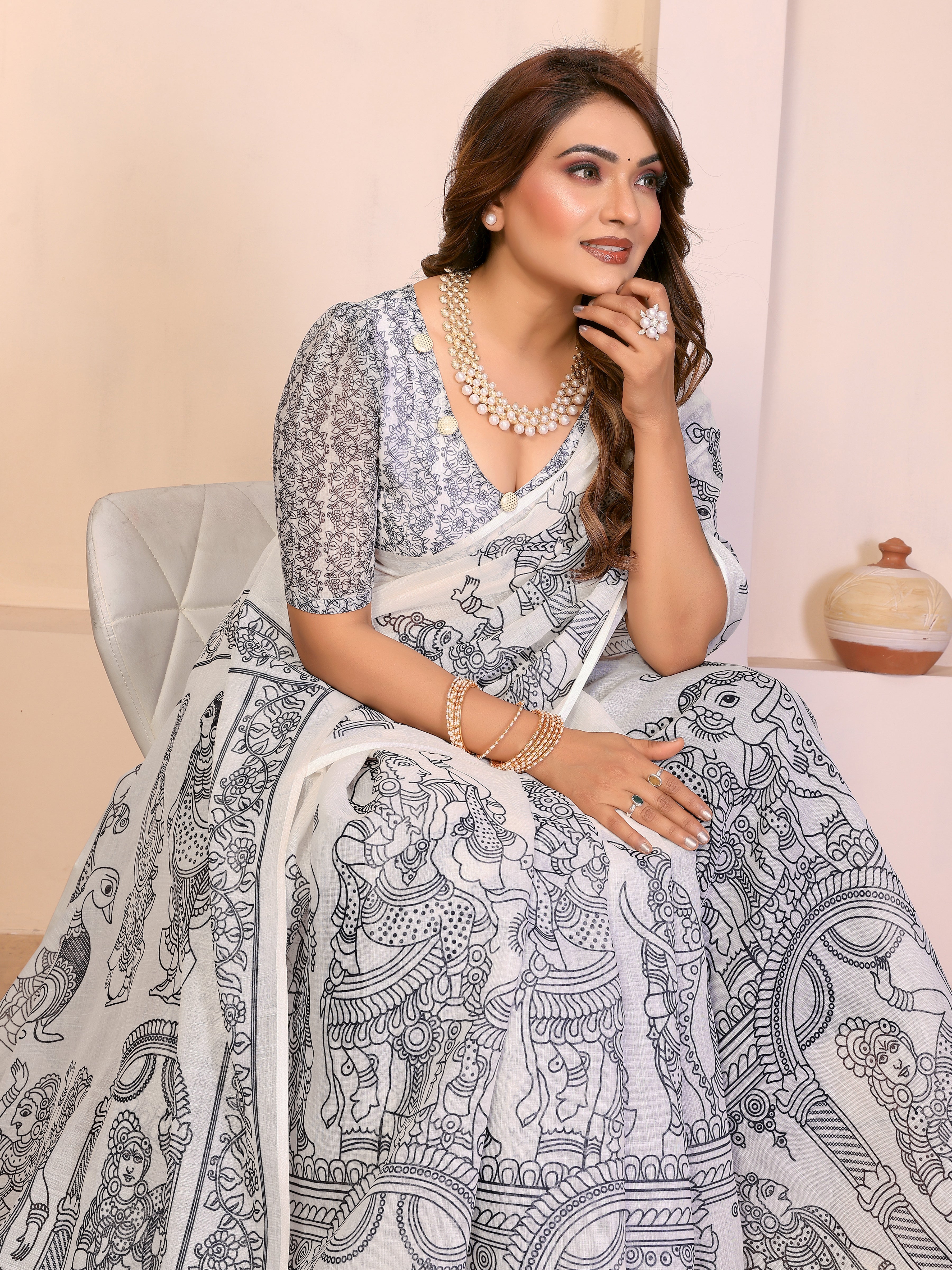 Women Premium Linen Cotton Mythological Kalamkari Digital Print Saree