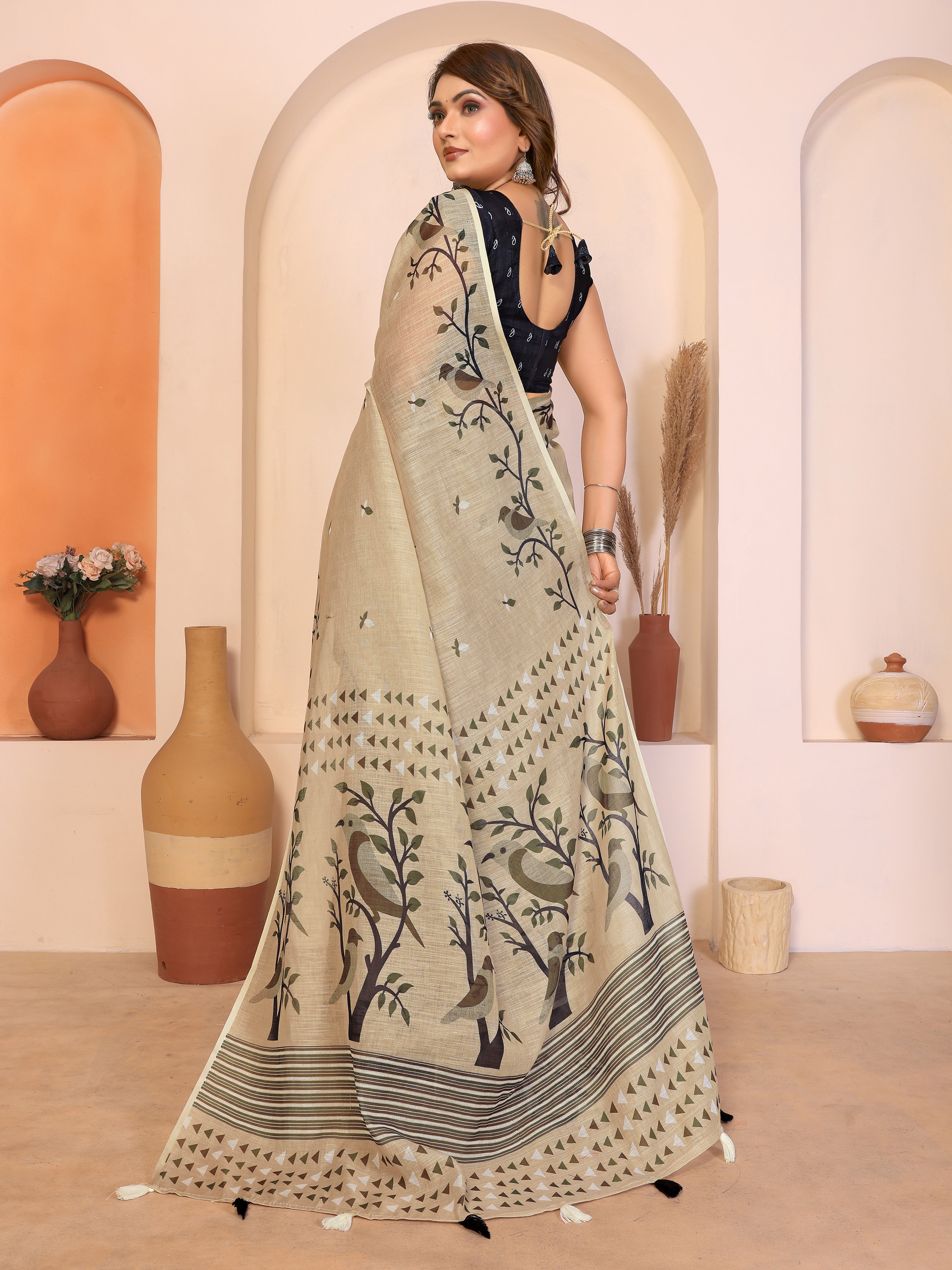 Women Pure Linen Cotton Bird Digital Print Saree with Designer Border