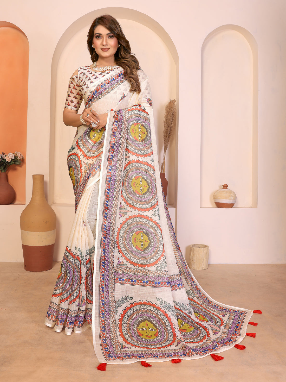 Women Pure Linen Cotton Madhubani Digital Print Saree