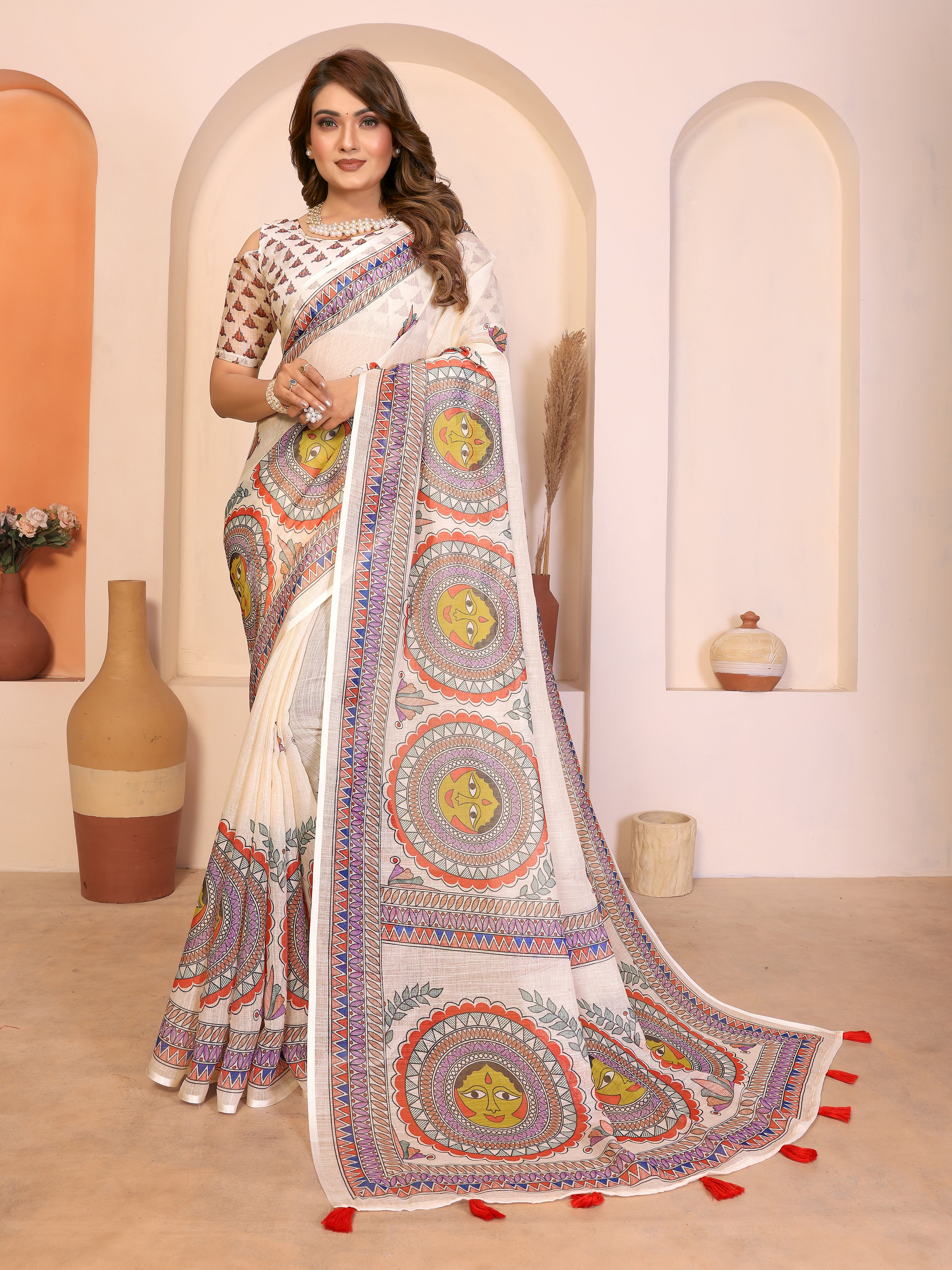 Women Pure Linen Cotton Madhubani Digital Print Saree