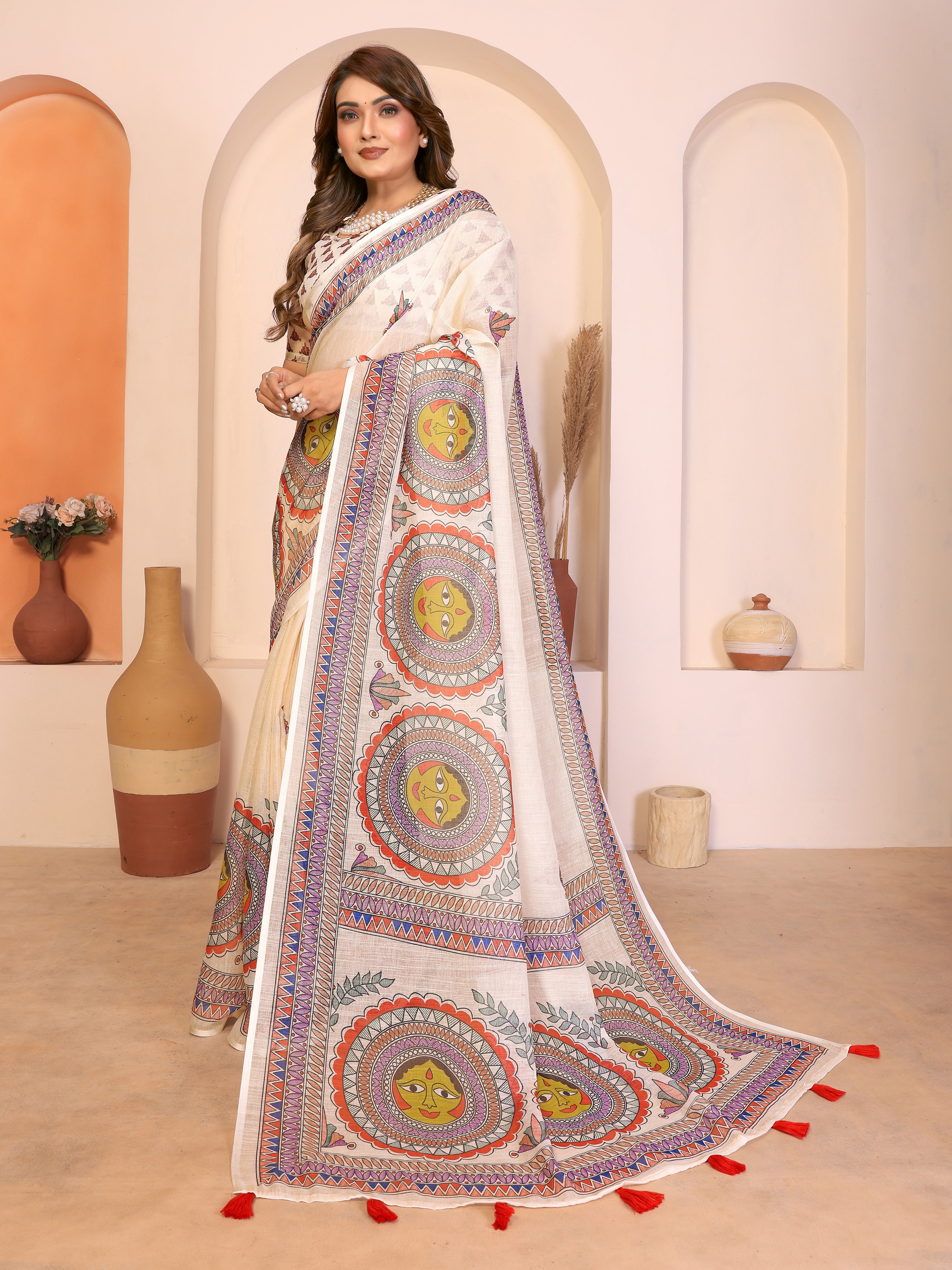 Women Pure Linen Cotton Madhubani Digital Print Saree