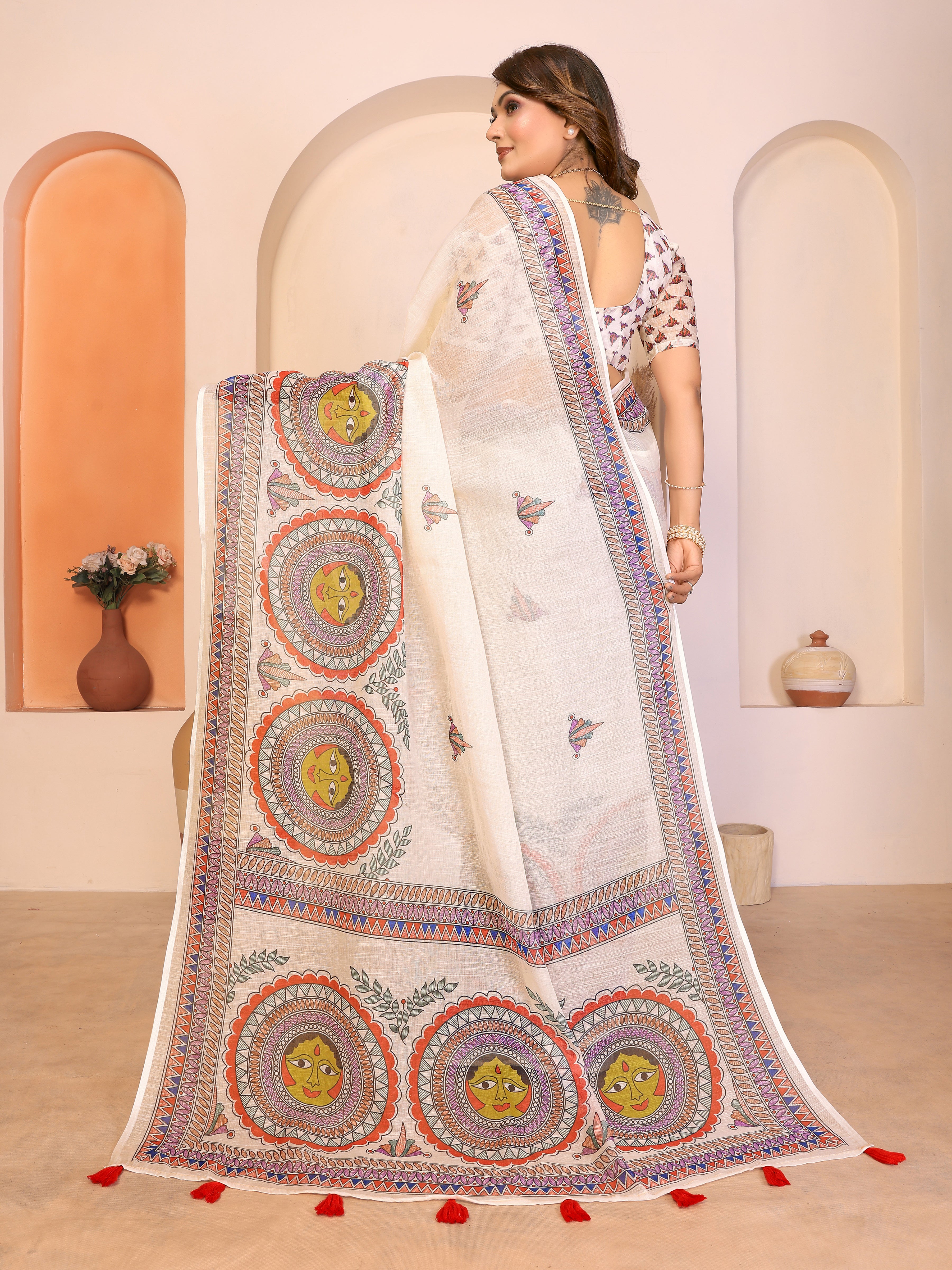 Women Pure Linen Cotton Madhubani Digital Print Saree
