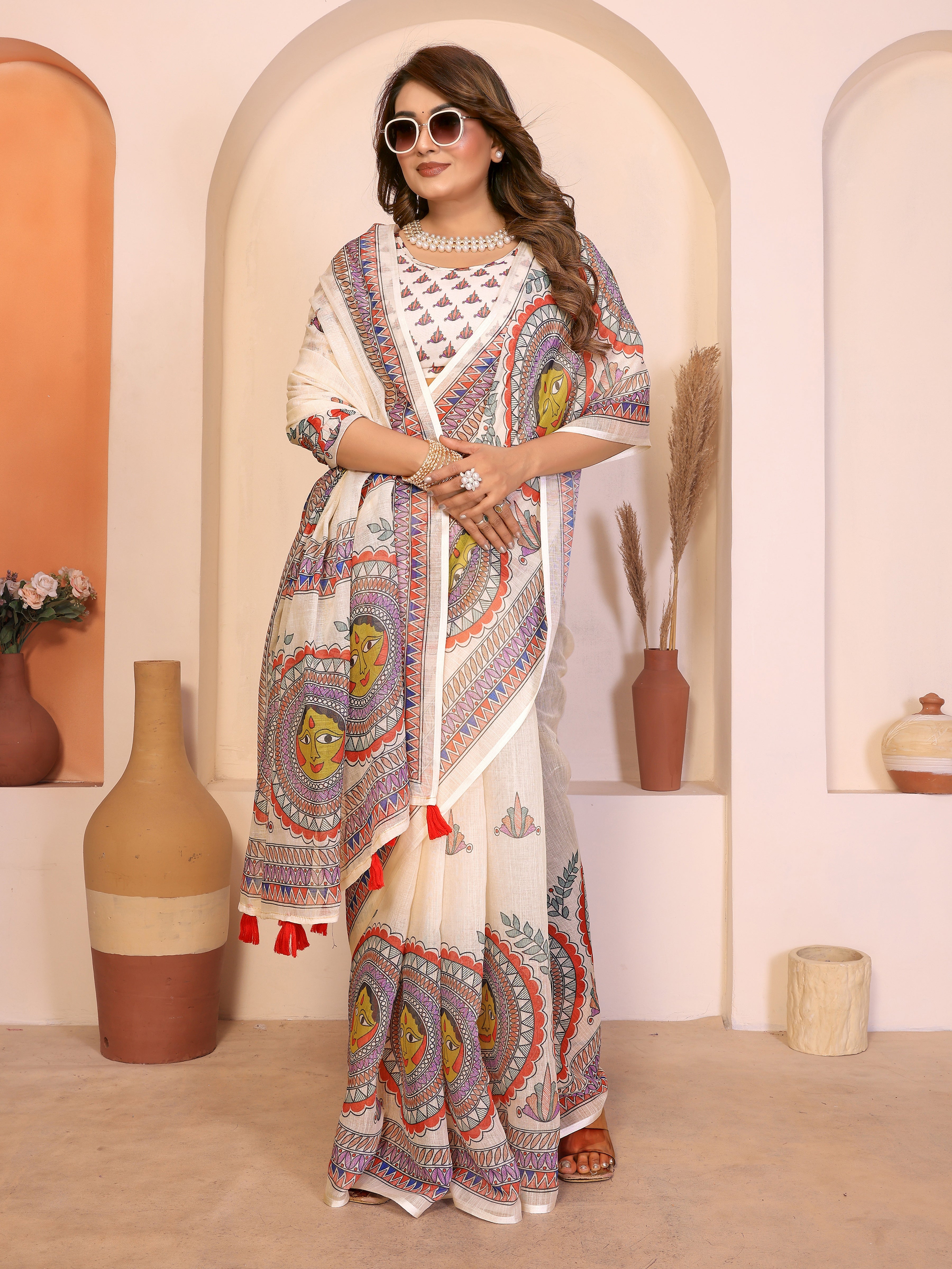 Women Pure Linen Cotton Madhubani Digital Print Saree