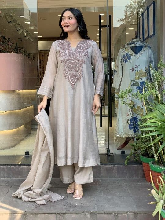 Women Muslin Embroidered Straight Kurta Pant Set with Dupatta