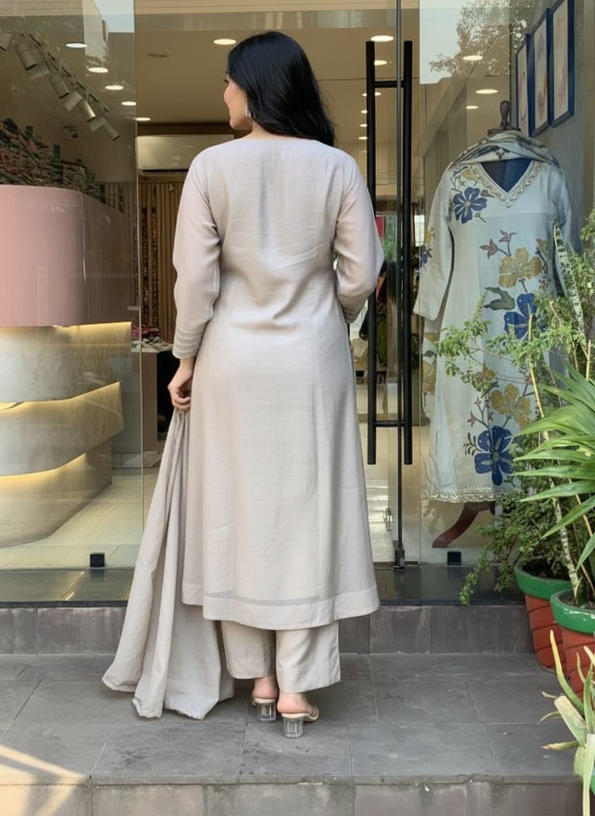 Women Muslin Embroidered Straight Kurta Pant Set with Dupatta