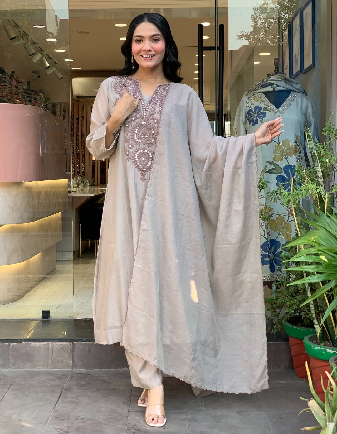 Women Muslin Embroidered Straight Kurta Pant Set with Dupatta