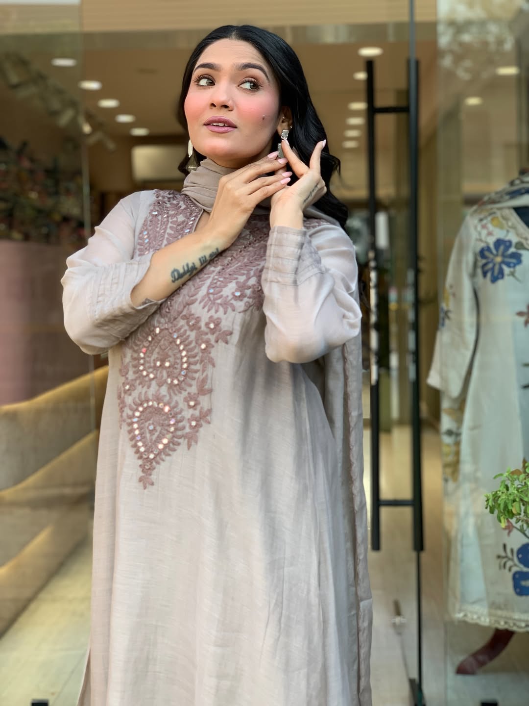 Women Muslin Embroidered Straight Kurta Pant Set with Dupatta
