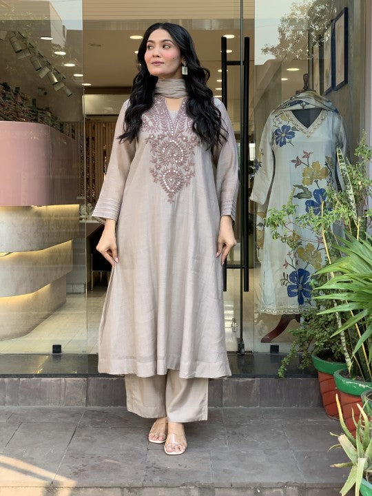 Women Muslin Embroidered Straight Kurta Pant Set with Dupatta