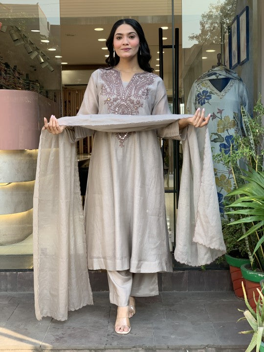 Women Muslin Embroidered Straight Kurta Pant Set with Dupatta