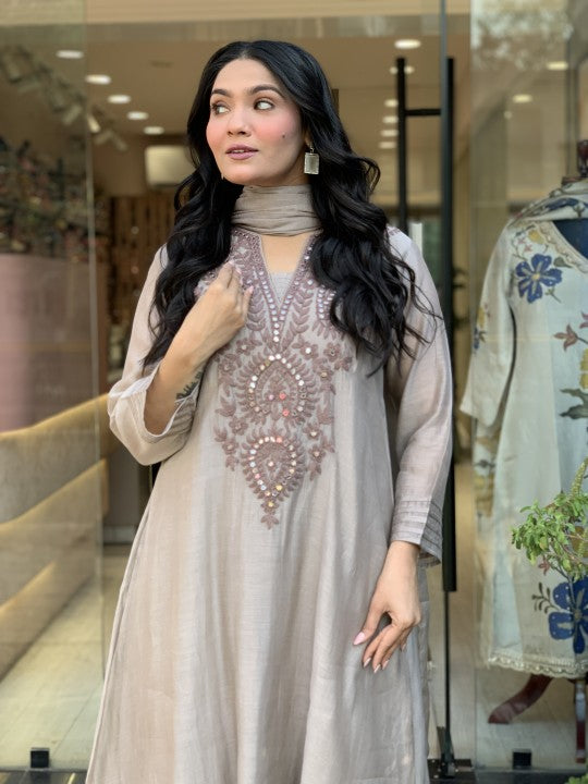 Women Muslin Embroidered Straight Kurta Pant Set with Dupatta