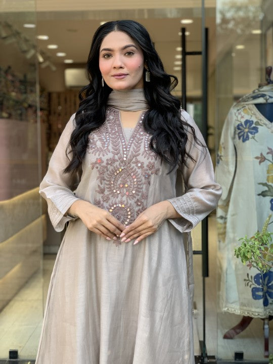 Women Muslin Embroidered Straight Kurta Pant Set with Dupatta