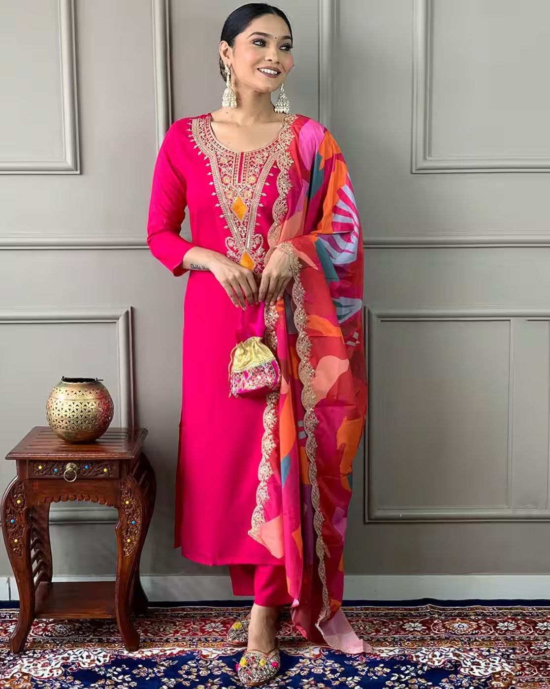 Women Embroidered Regular Thread Work Kurta with Pant & With Dupatta