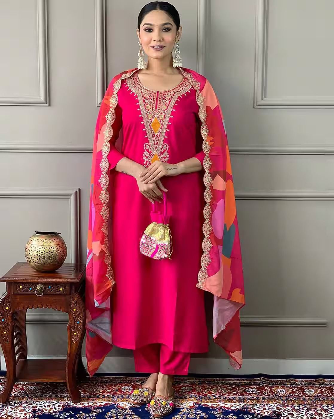 Women Embroidered Regular Thread Work Kurta with Pant & With Dupatta