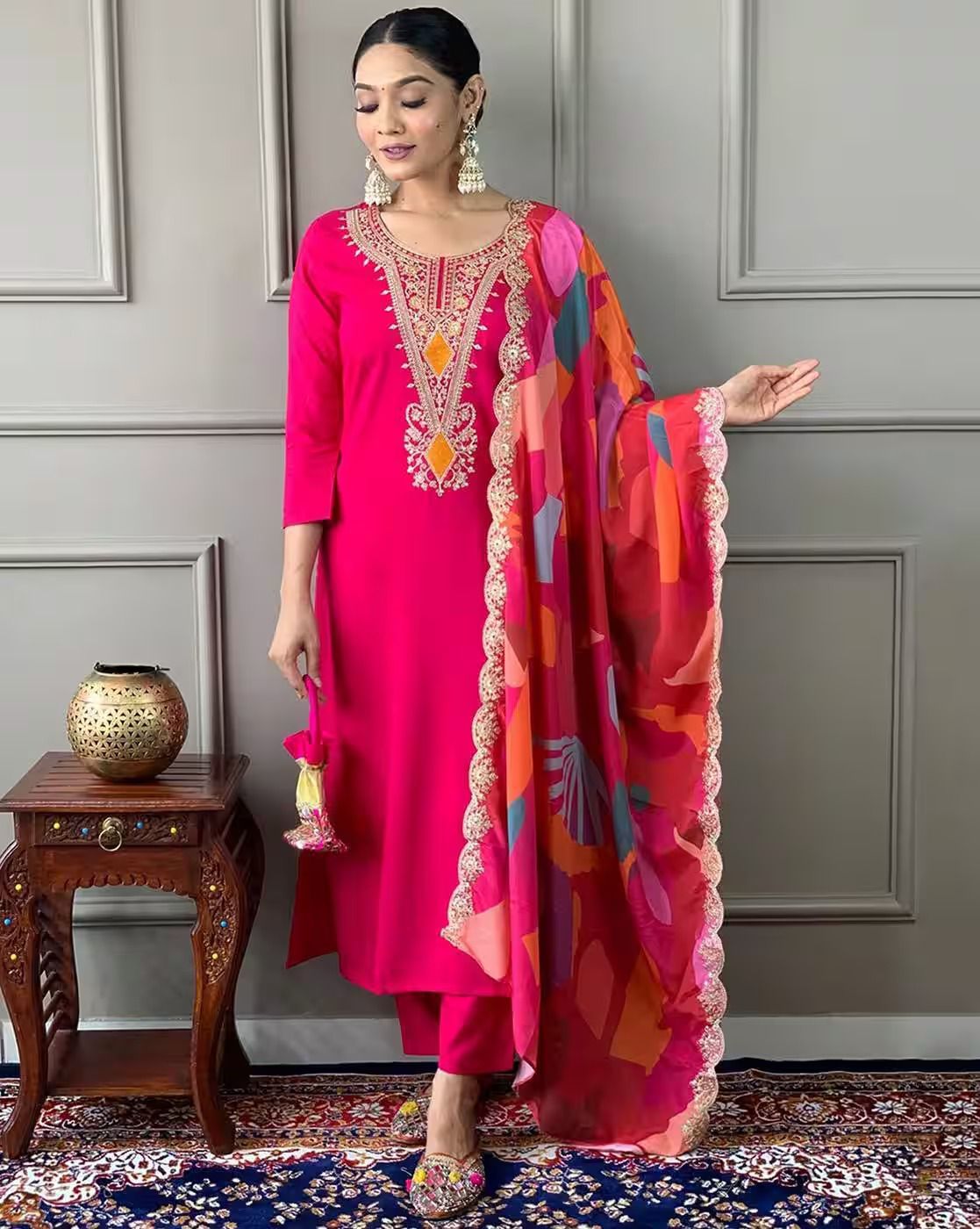 Women Embroidered Regular Thread Work Kurta with Pant & With Dupatta