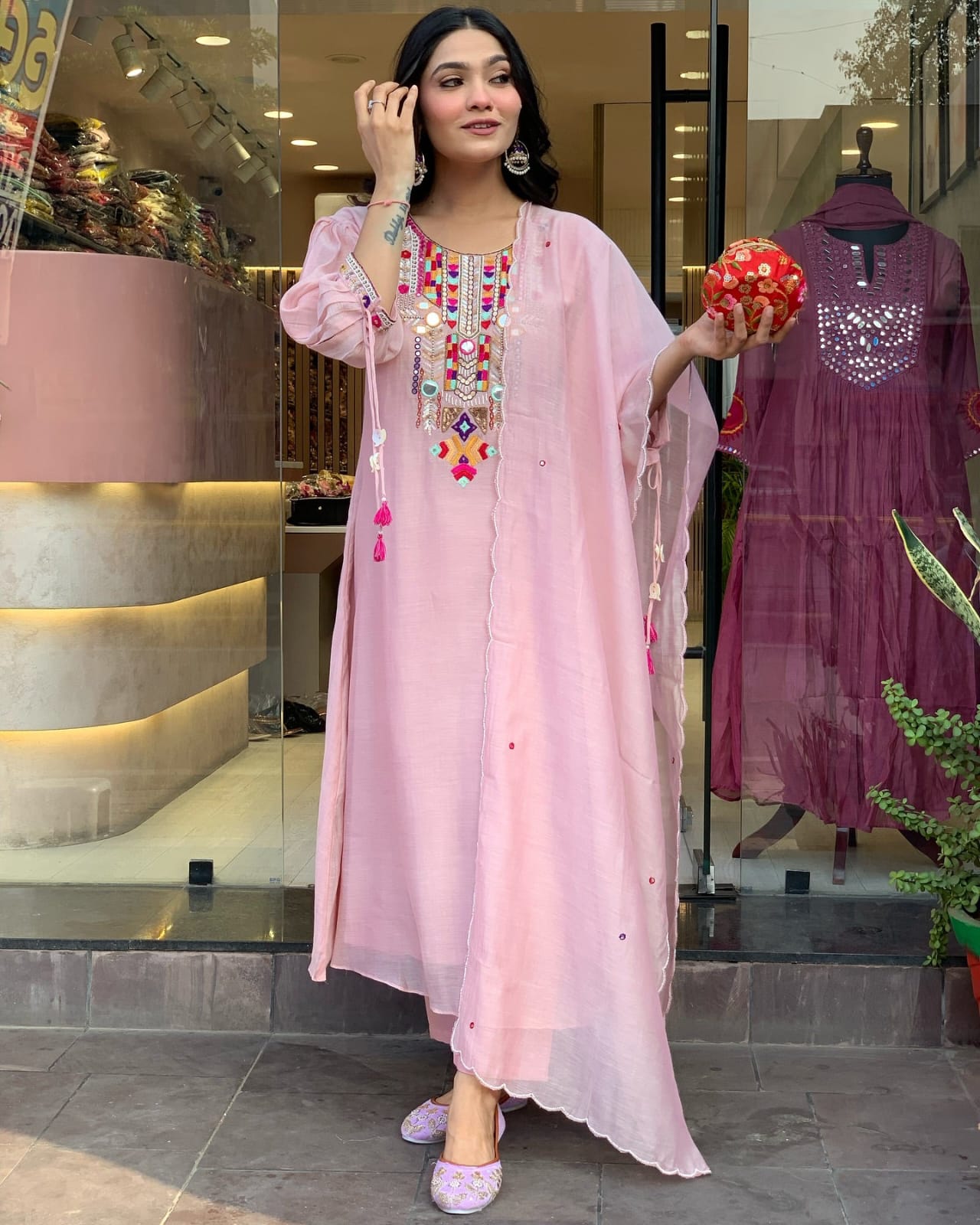 Pink Embroidered Kurti Set For Women | Ethnic Kurta Pant Dupatta Set