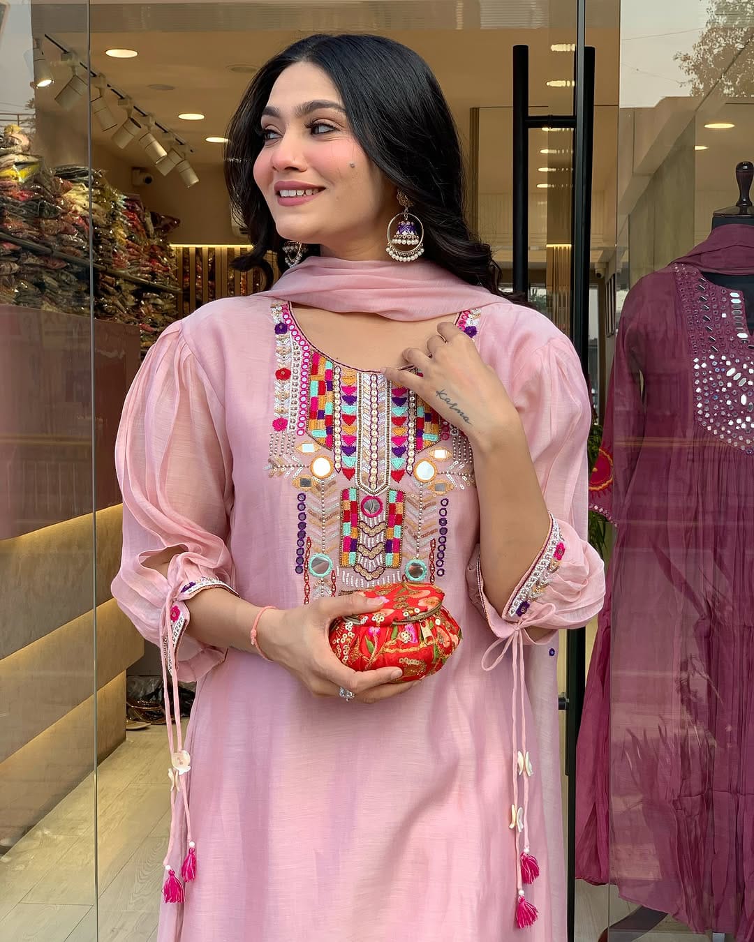 Pink Embroidered Kurti Set For Women | Ethnic Kurta Pant Dupatta Set