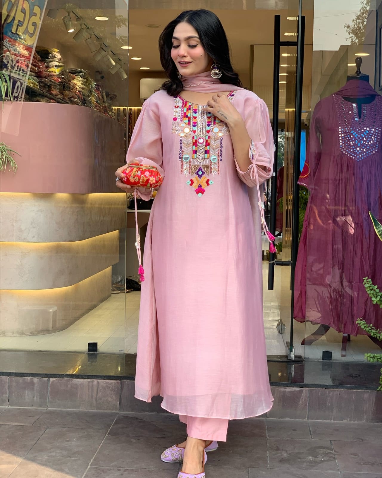 Pink Embroidered Kurti Set For Women | Ethnic Kurta Pant Dupatta Set