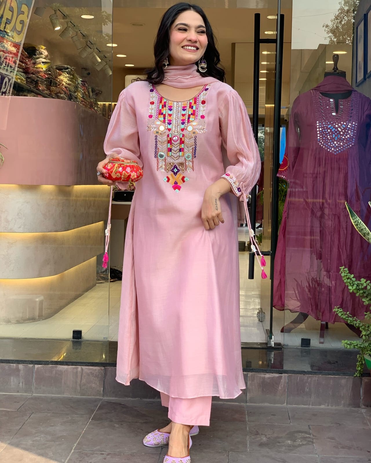 Pink Embroidered Kurti Set For Women | Ethnic Kurta Pant Dupatta Set