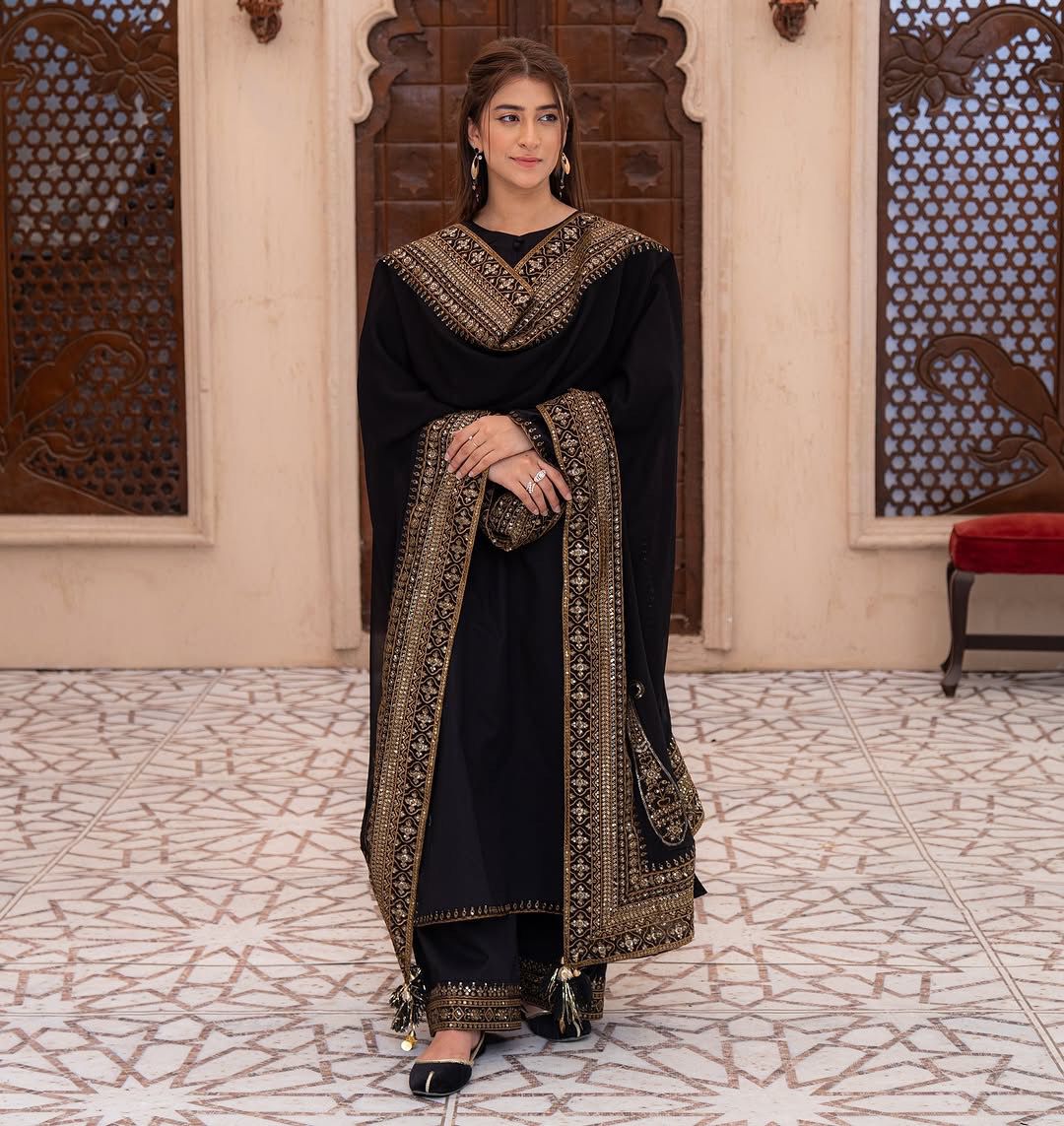 Elegant Black Heavy Embroidered Crepe Silk Suit Set with Moti Work Dupatta