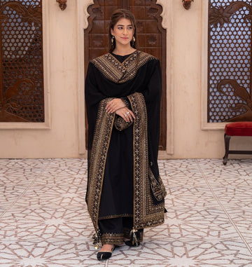 Elegant Black Heavy Embroidered Crepe Silk Suit Set with Moti Work Dupatta