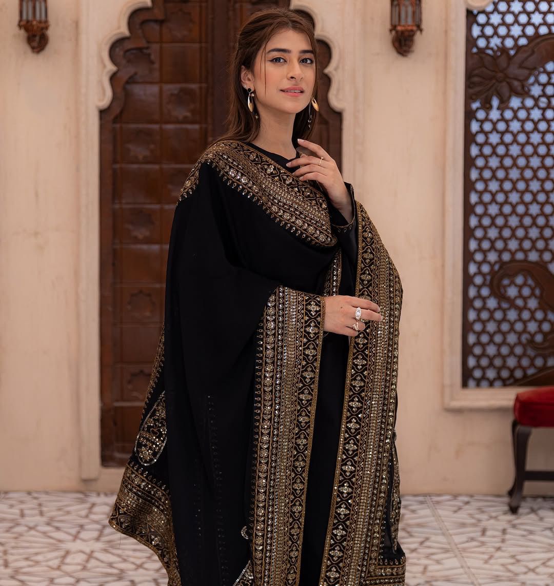 Elegant Black Heavy Embroidered Crepe Silk Suit Set with Moti Work Dupatta