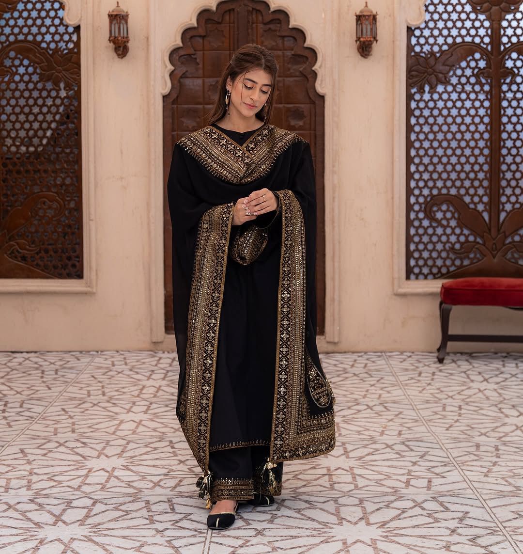 Elegant Black Heavy Embroidered Crepe Silk Suit Set with Moti Work Dupatta
