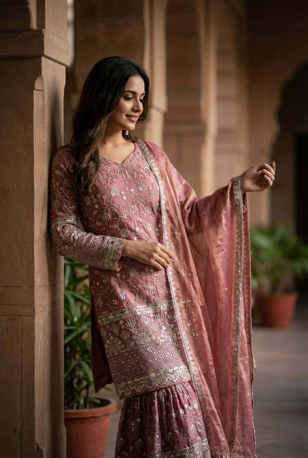 Designer GMY Silk Embroidered Top Sharara Set with Lace Border Dupatta