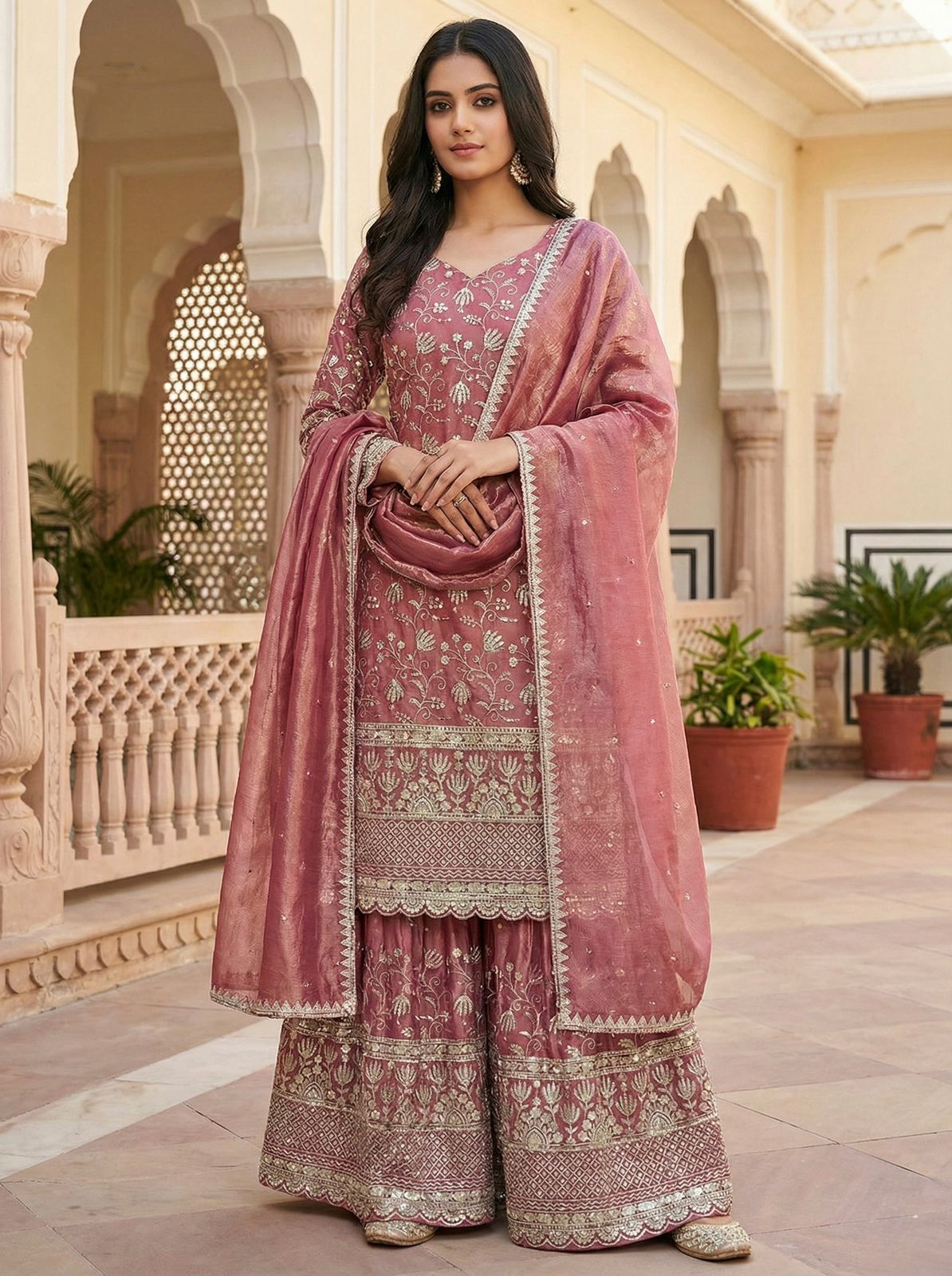 Designer GMY Silk Embroidered Top Sharara Set with Lace Border Dupatta