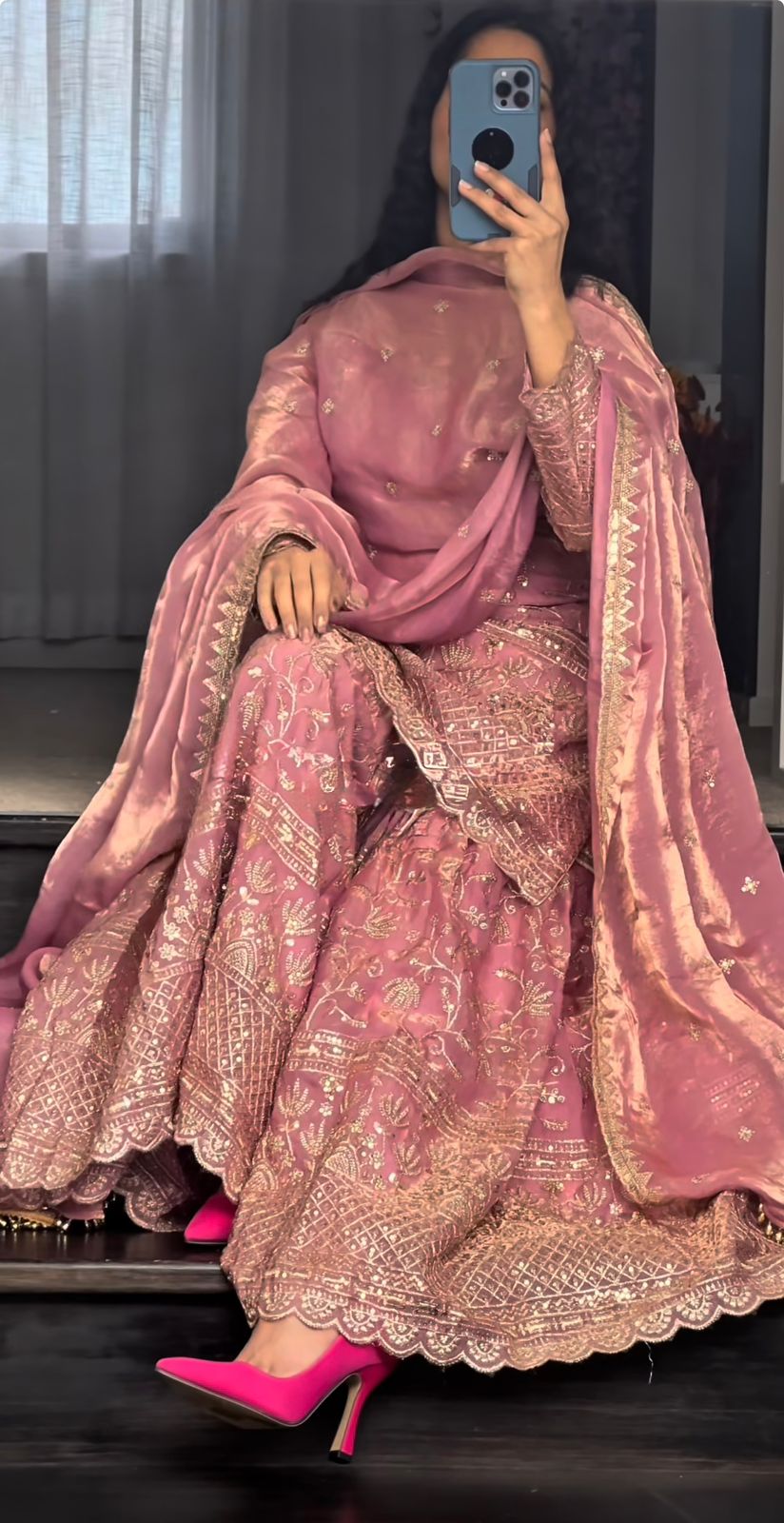 Designer GMY Silk Embroidered Top Sharara Set with Lace Border Dupatta