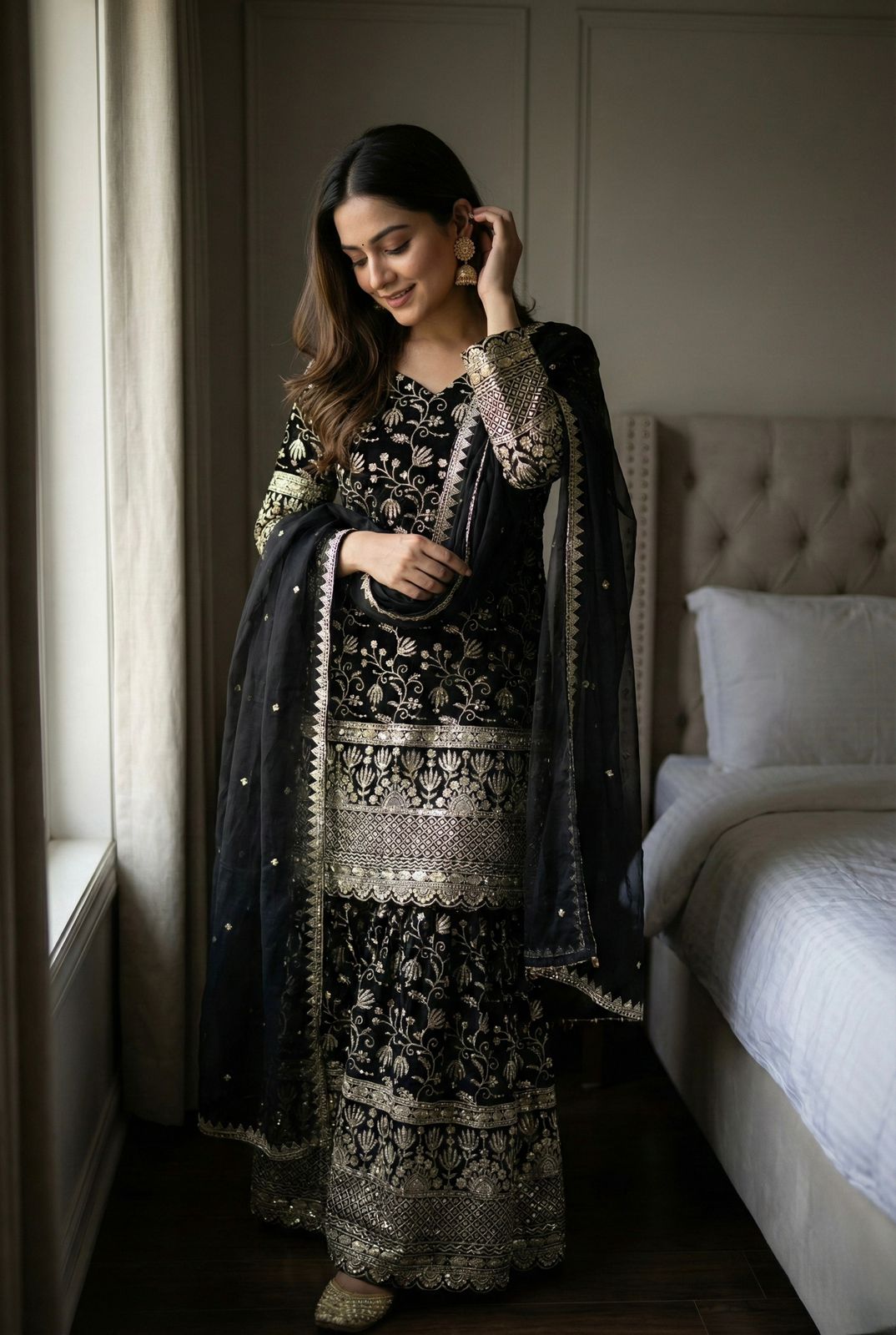 Designer GMY Silk Embroidered Top Sharara Set with Lace Border Dupatta