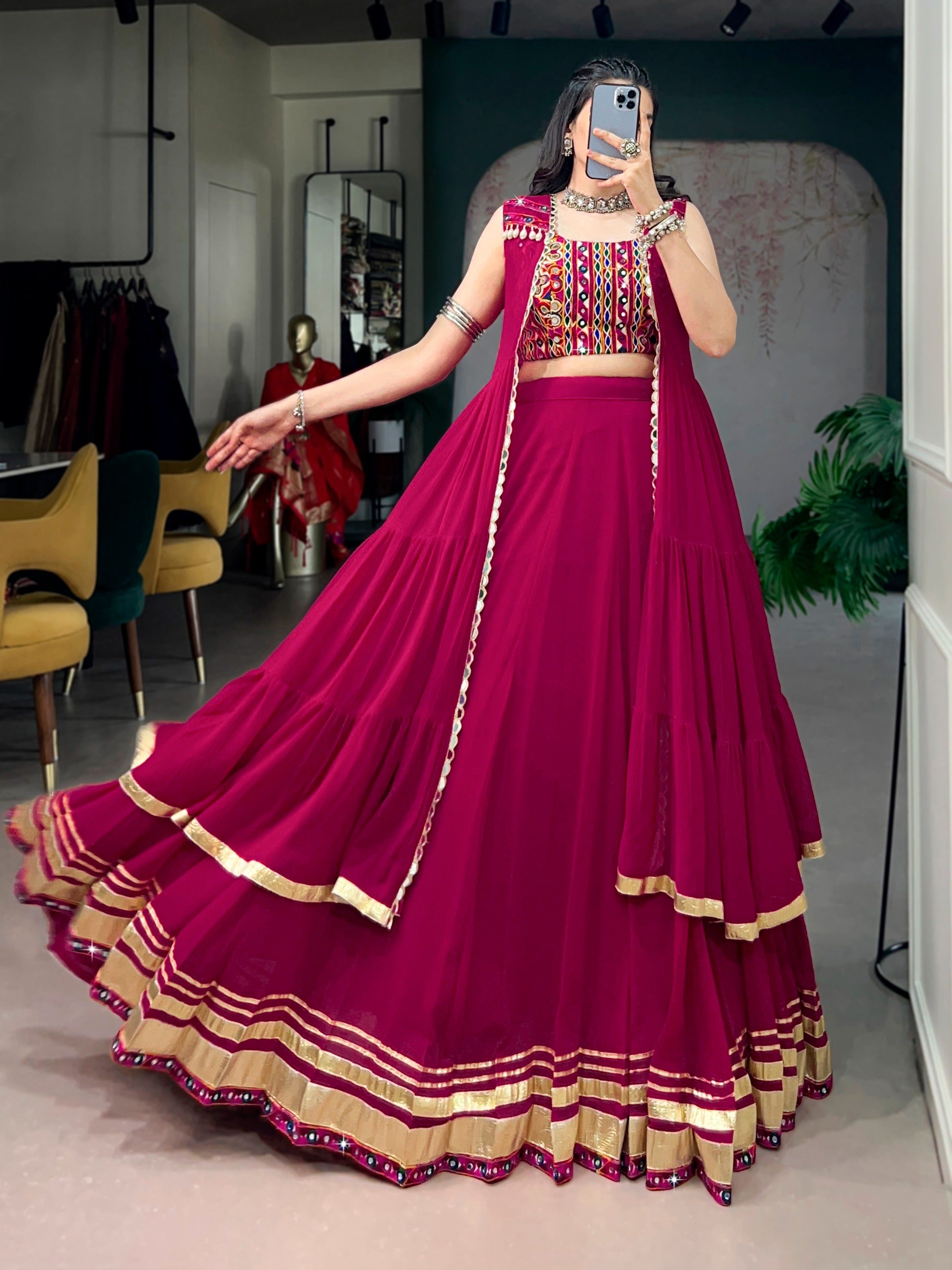Women Designer Lehenga Set with Embroidered Blouse and Flared Long Koti